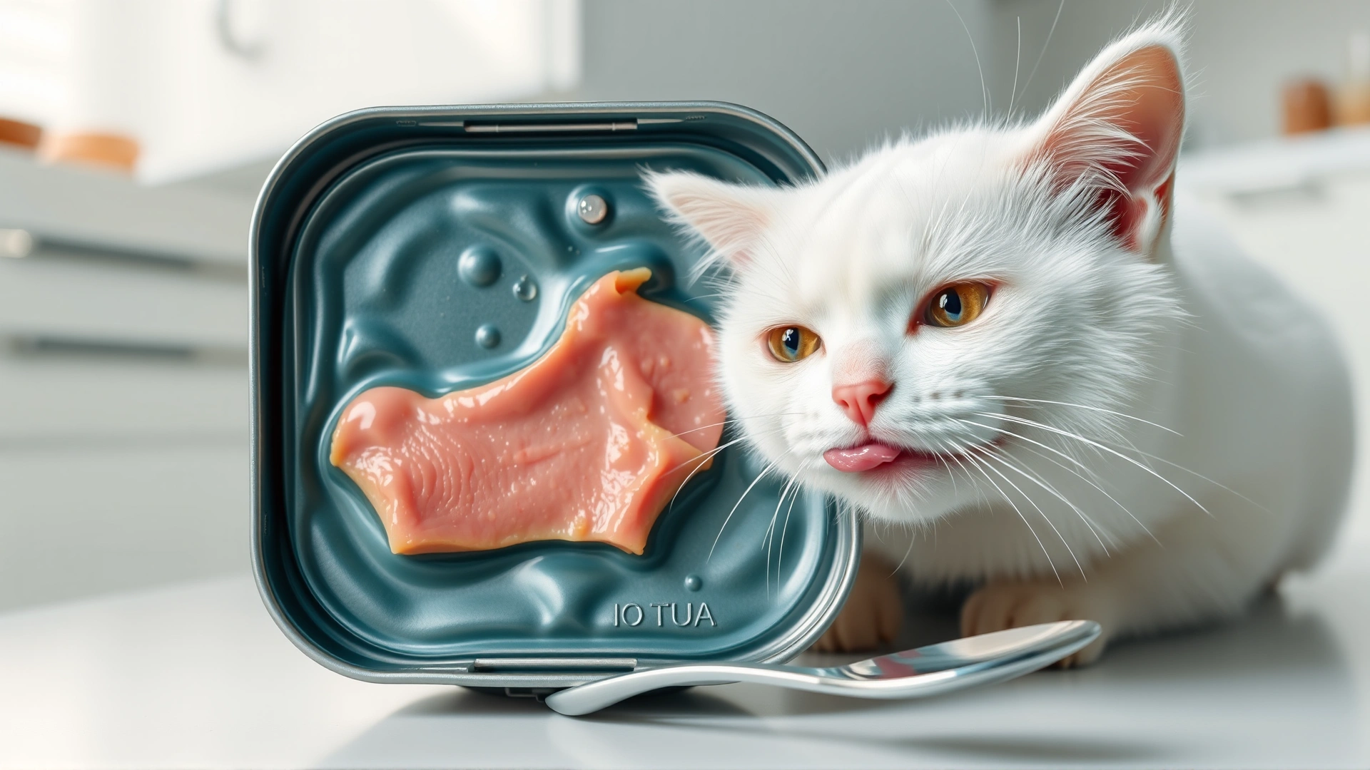 Opened can of water-packed tuna with a small spoon beside it, next to a white cat licking its lips, clean minimal kitchen setting.