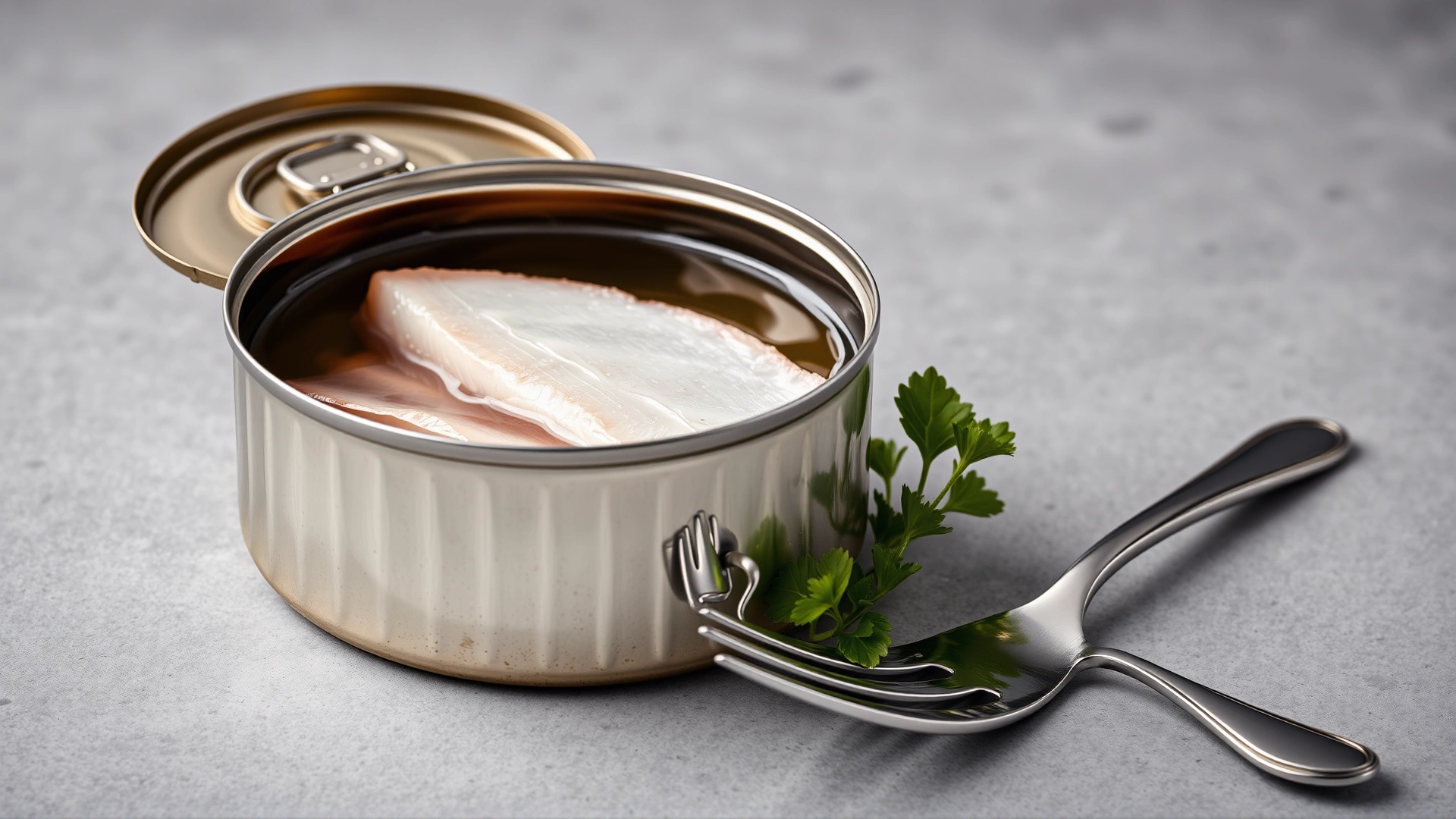 Open can of light tuna in water with small fork beside it on a neutral gray background, close-up