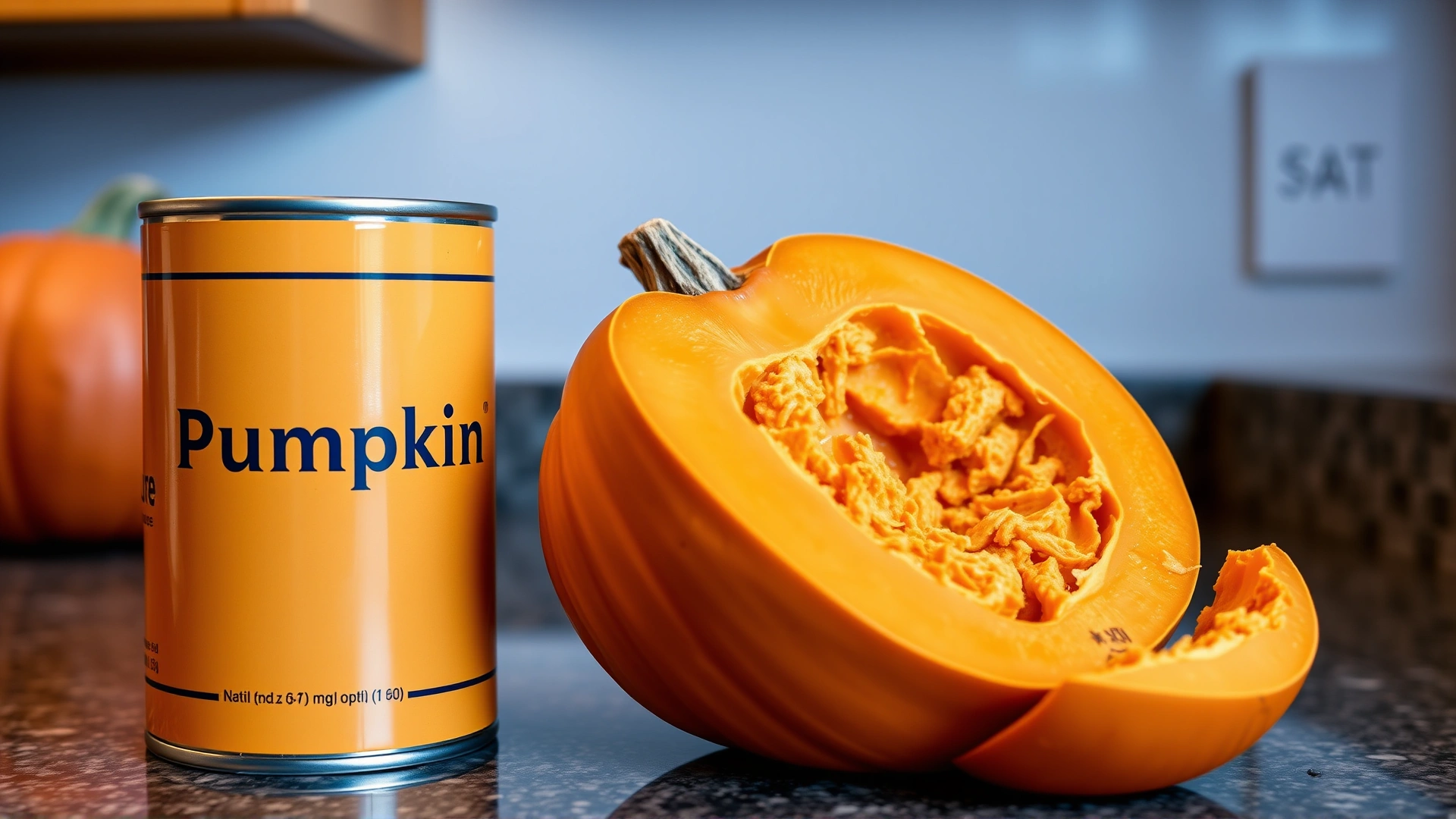 Side-by-side shot of a can of plain pumpkin puree and a cut-open fresh pumpkin, on a countertop, no labels visible, no text