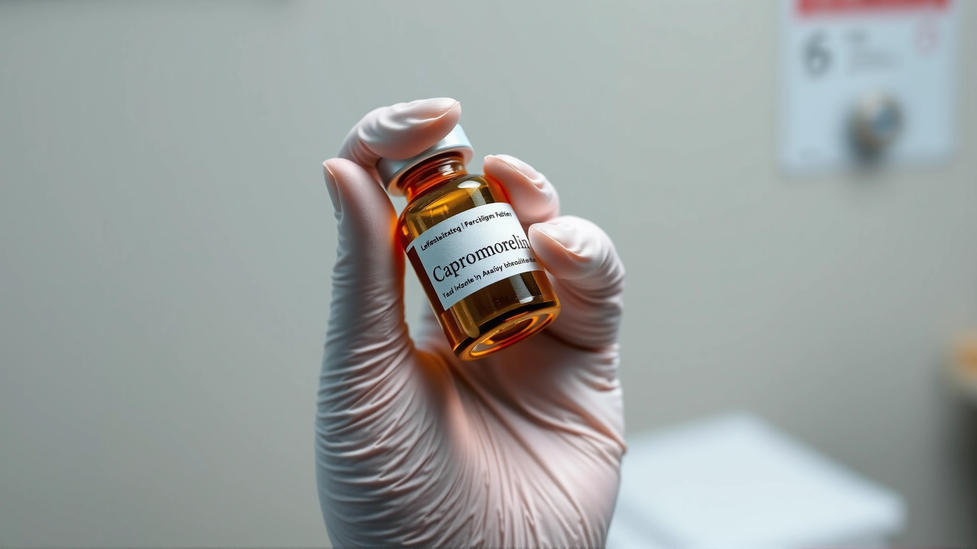 Close-up of a veterinarian’s gloved hand holding a small bottle labeled Capromorelin in a clinical exam room, neutral background.