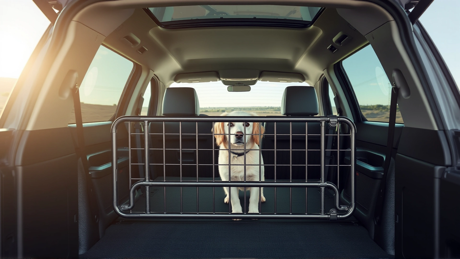 SUV interior showing a metal pet barrier separating the cargo area from passenger seats, with a dog behind it