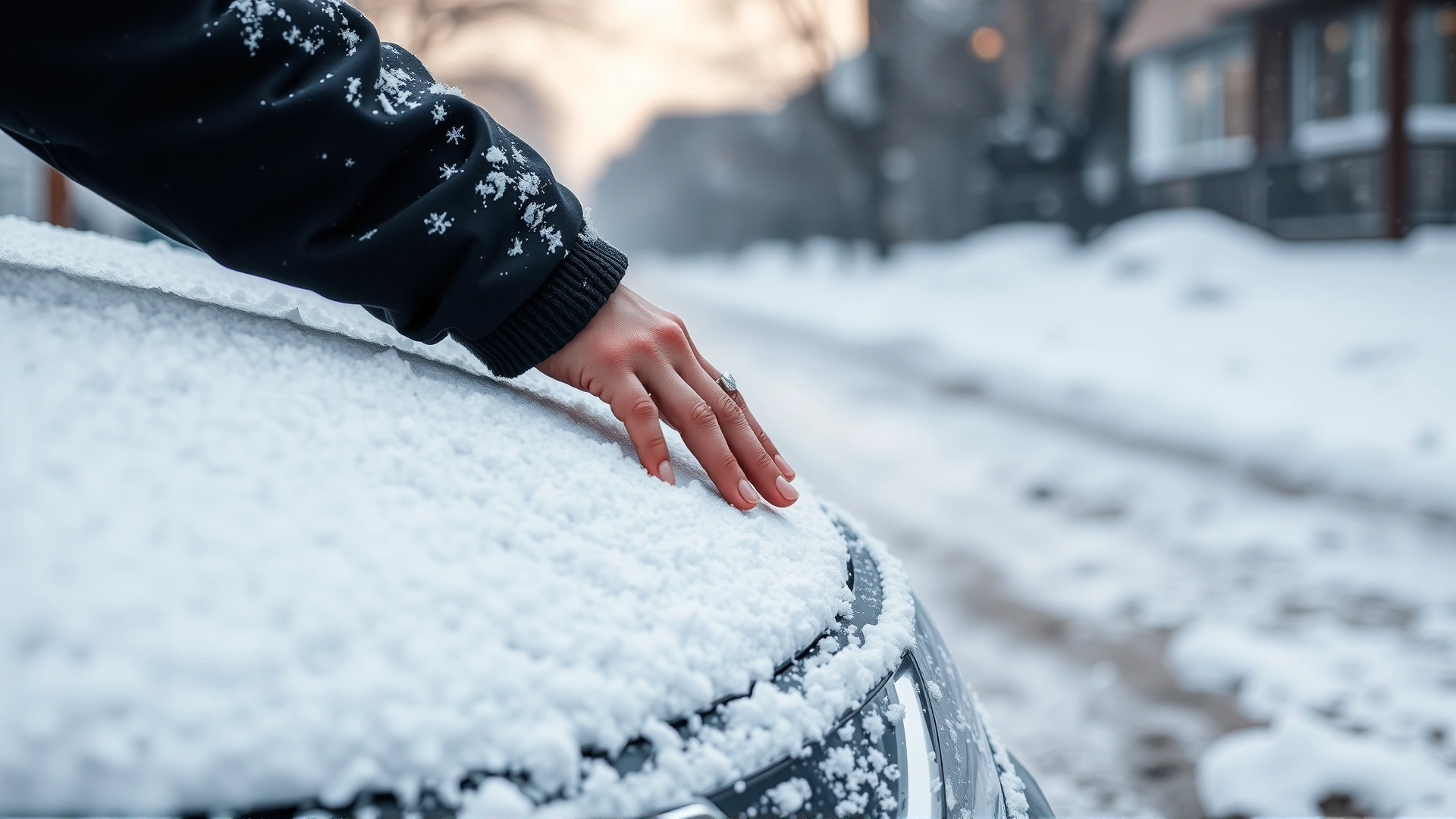 Person gently tapping the hood of a parked car covered in light snow to alert any hidden pets.
