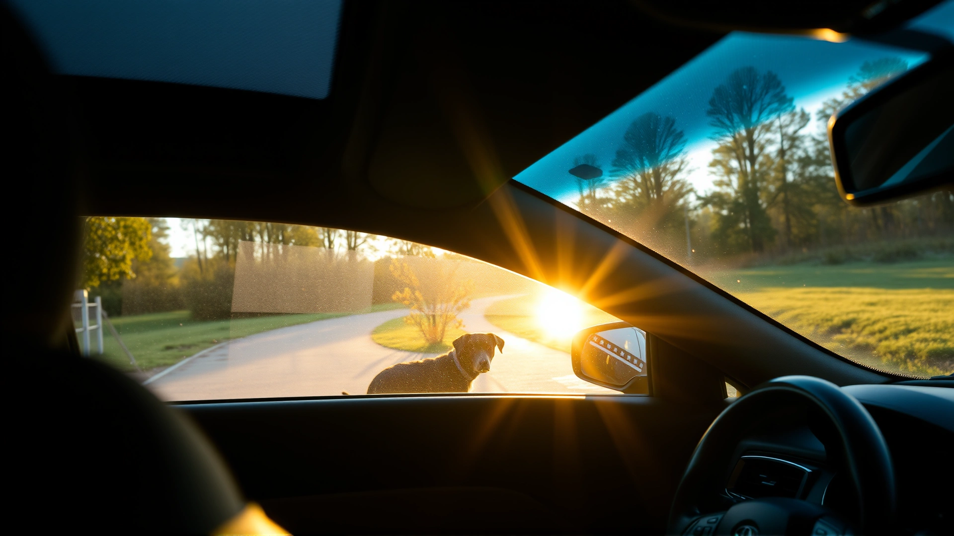 Interior of a parked car bathed in sunlight, thermometer on dashboard showing high temperature, with dog visible outside the car to indicate it was not left inside.
