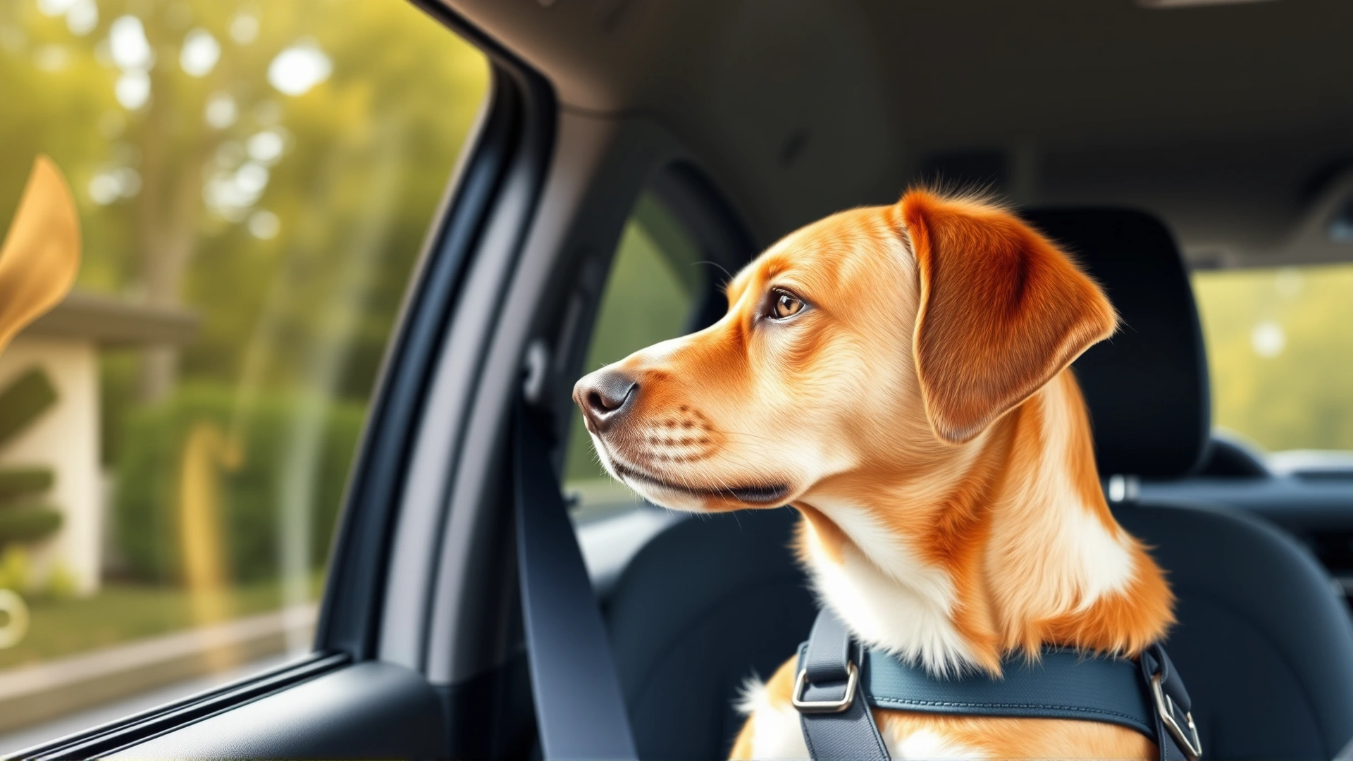 Dog secured with a seat belt harness looking calmly out the car window during a sunny drive, representing positive car-conditioning.