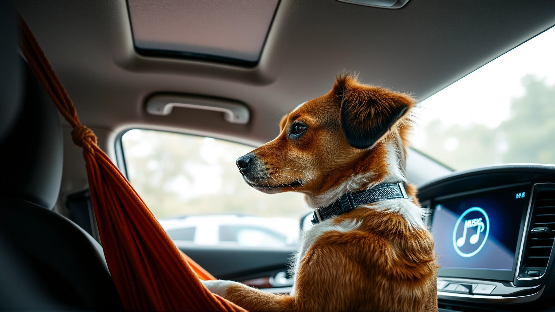Dog secured in a car seat hammock, looking out the window calmly while soft music icon glows on the car’s infotainment screen, daylight, no text.