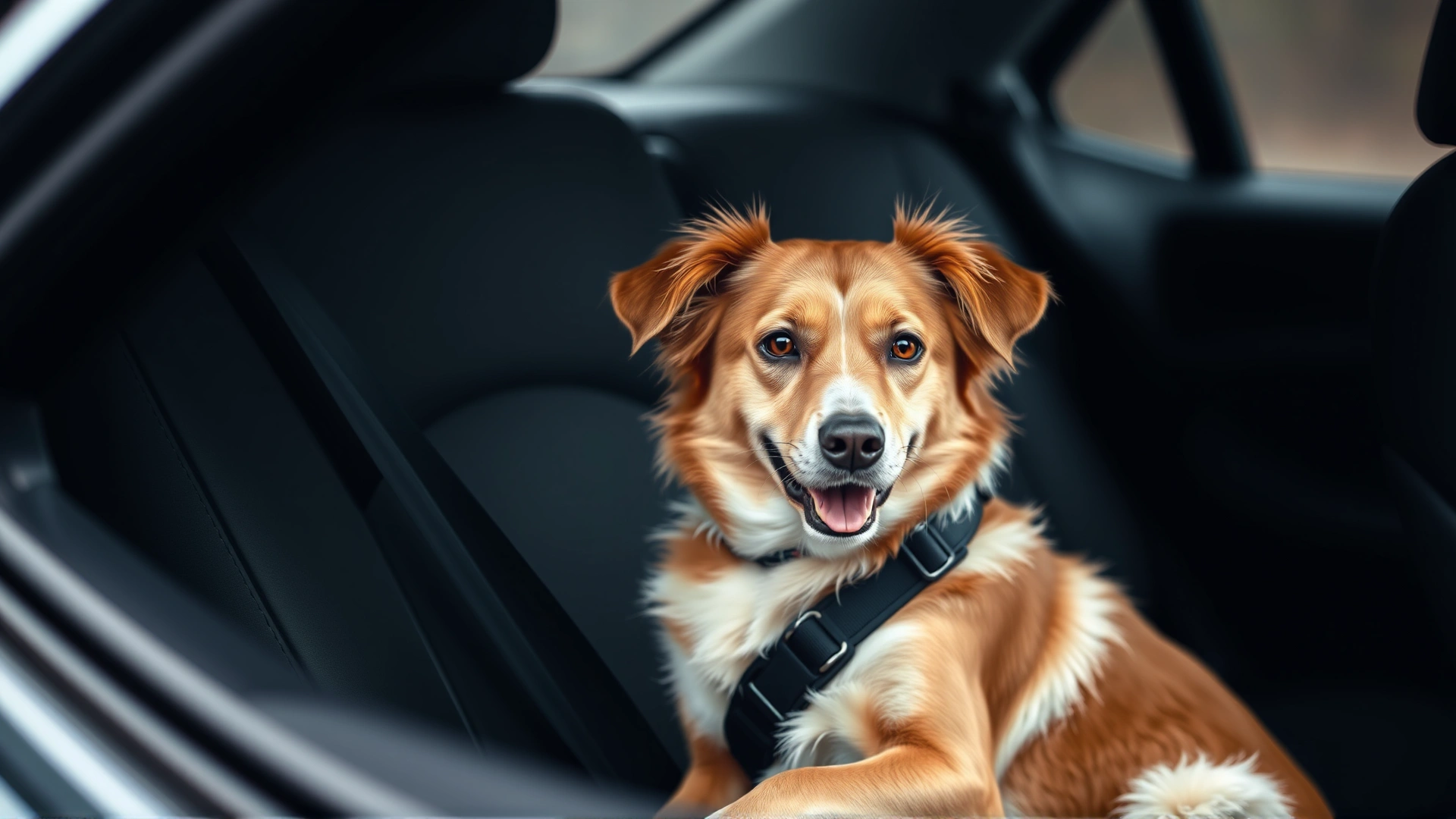 A medium-sized dog comfortably seated in a car wearing a safety harness attached to the seat belt.