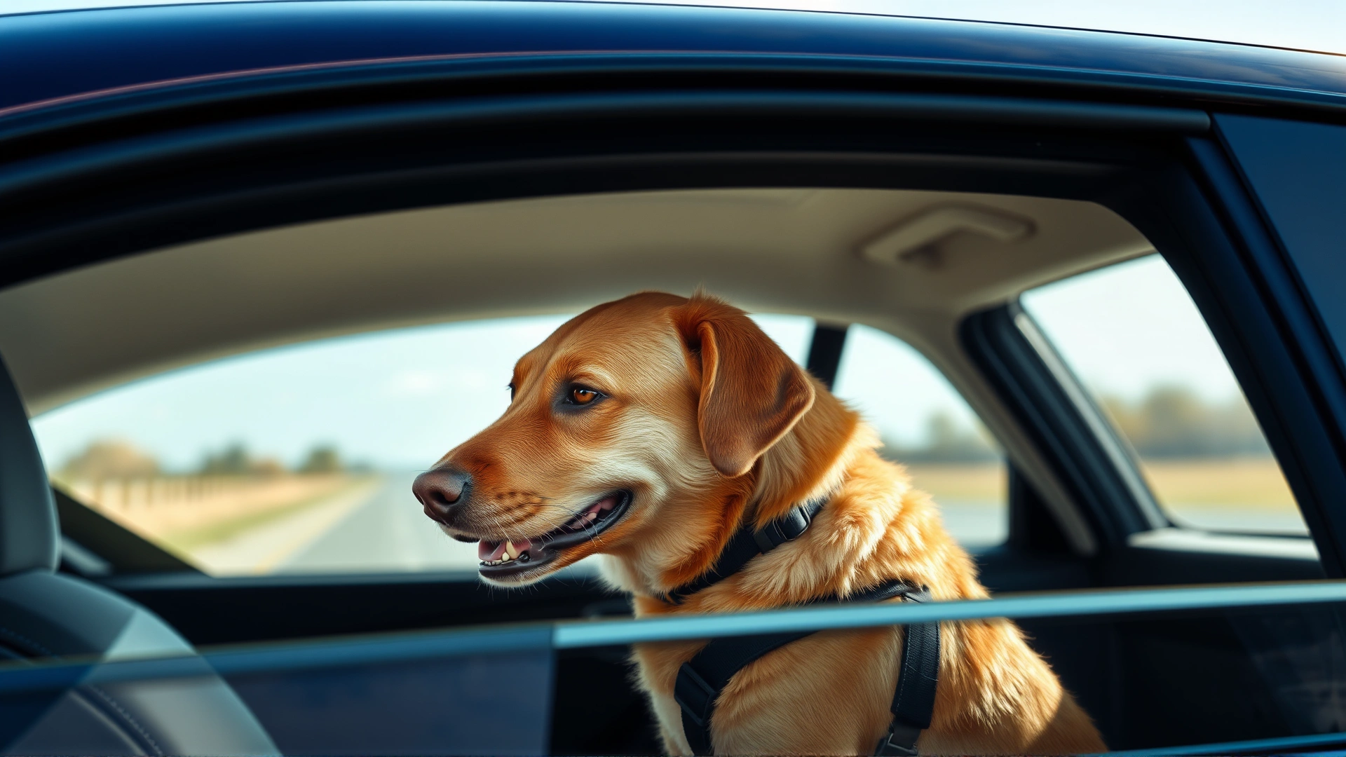 A dog safely secured with a seat belt harness in the back seat of a car, window view of road, daylight