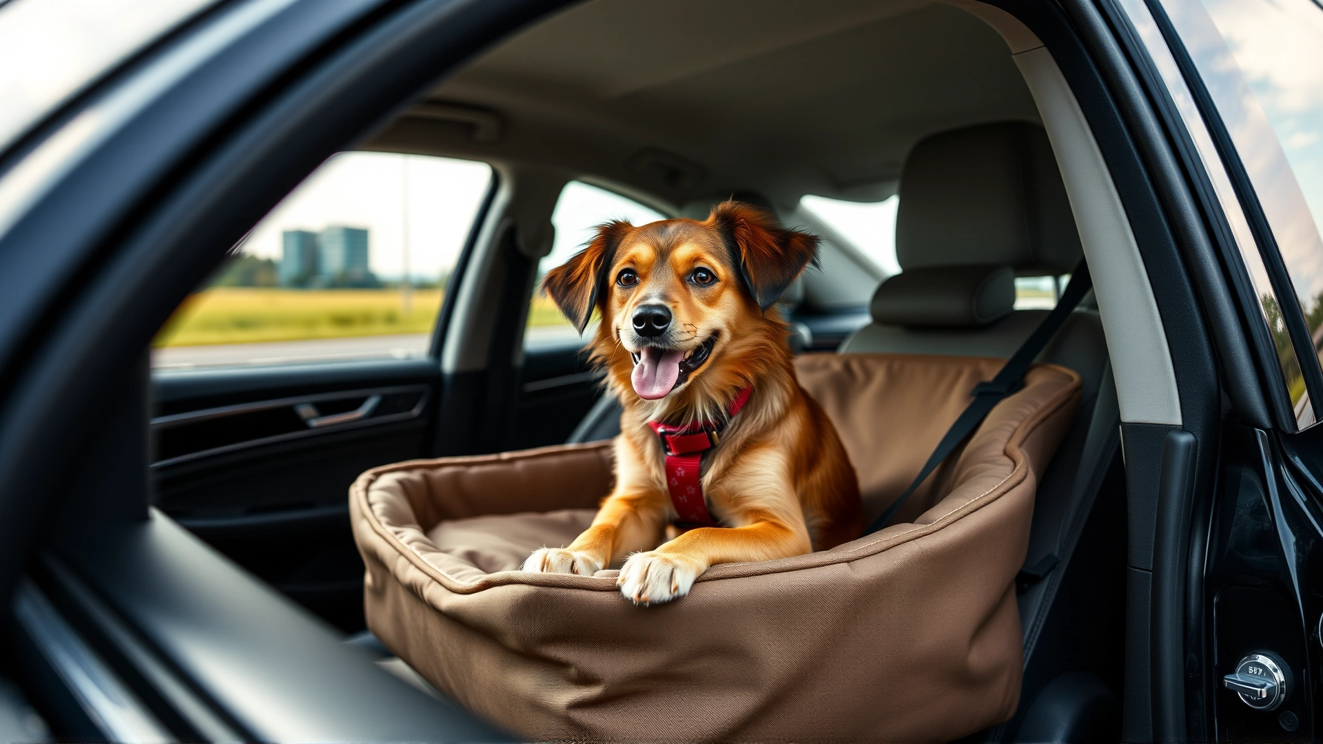 Small dog sitting comfortably in a booster car seat bed with safety straps inside a modern automobile, window view of highway