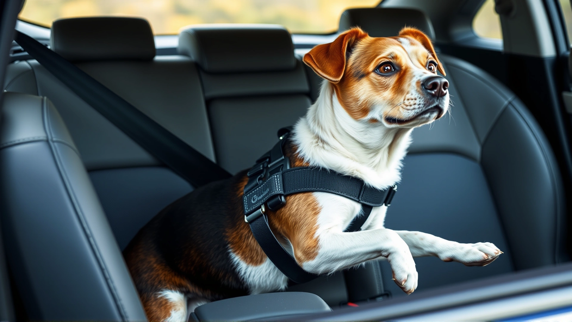 Dog wearing a crash-tested harness secured to a car seat, demonstrating safe car travel