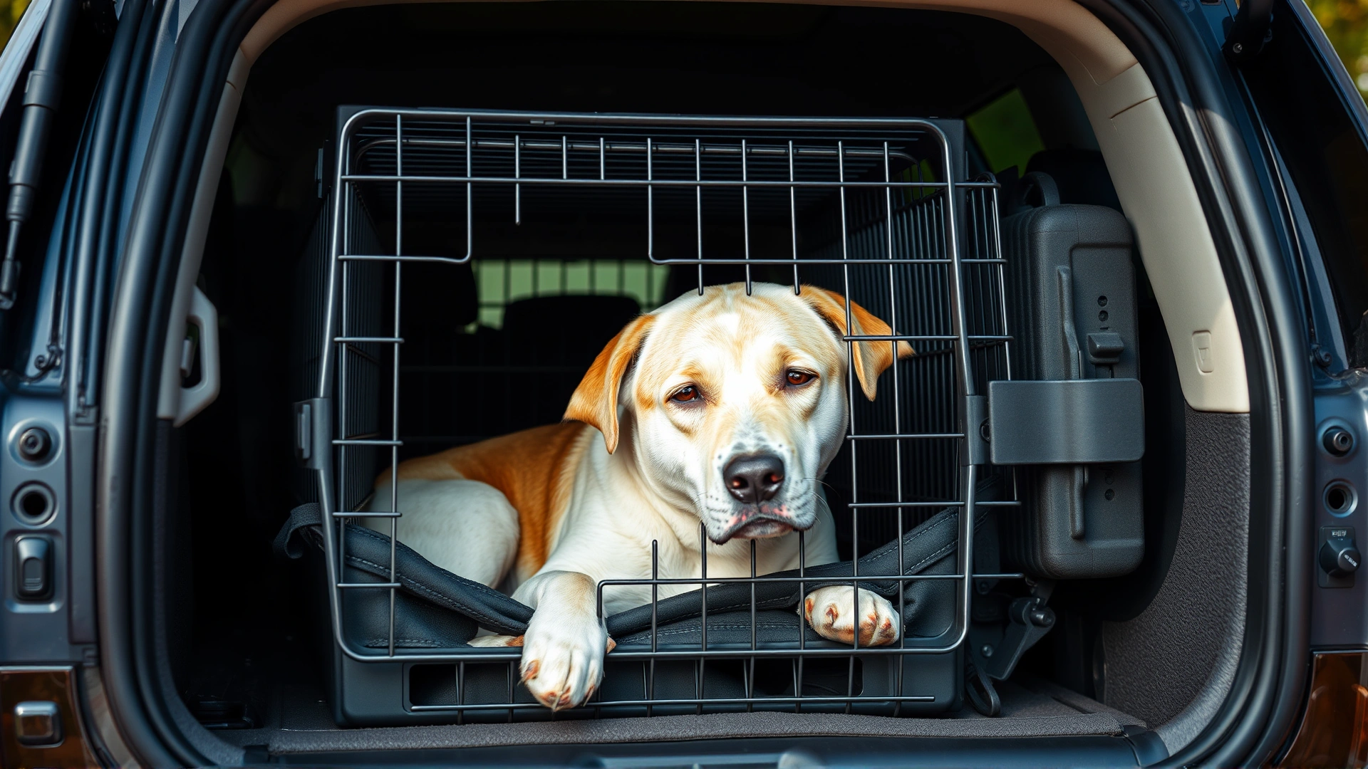 Dog resting comfortably inside a well-ventilated travel crate that is securely strapped in the SUV cargo area