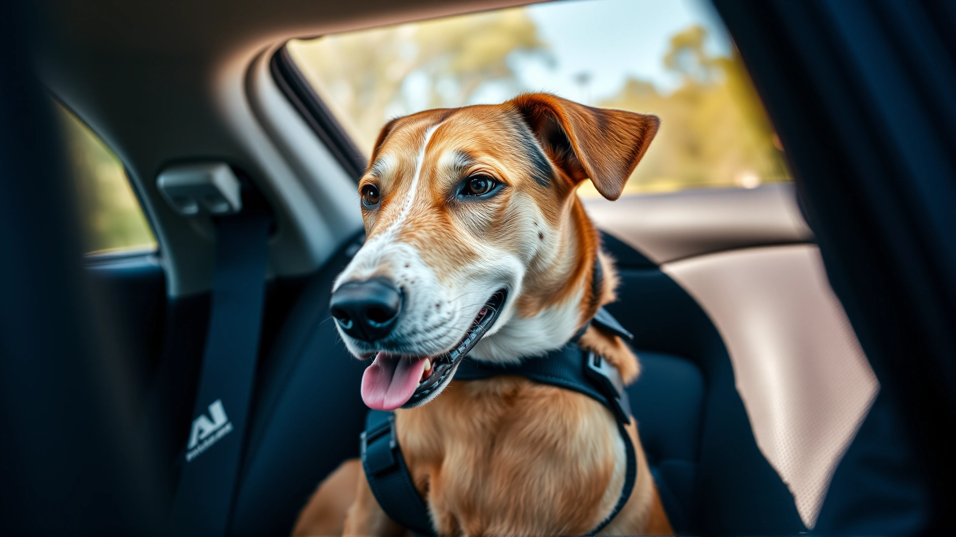 Dog comfortably sitting in a car wearing a safety harness, window slightly open, looking relaxed during a short drive.