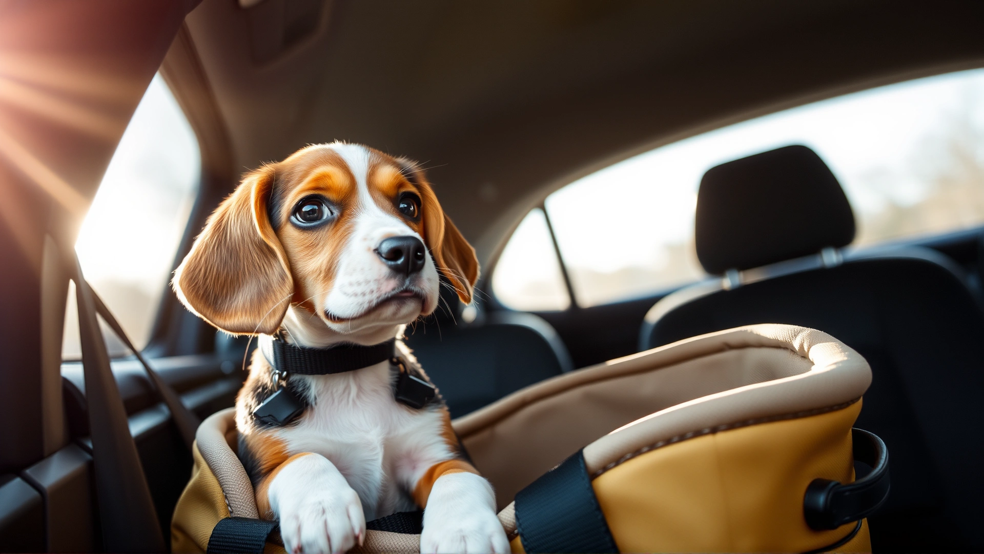 Small beagle puppy secured in a special dog car seat looking out the window, sun rays illuminating the puppy
