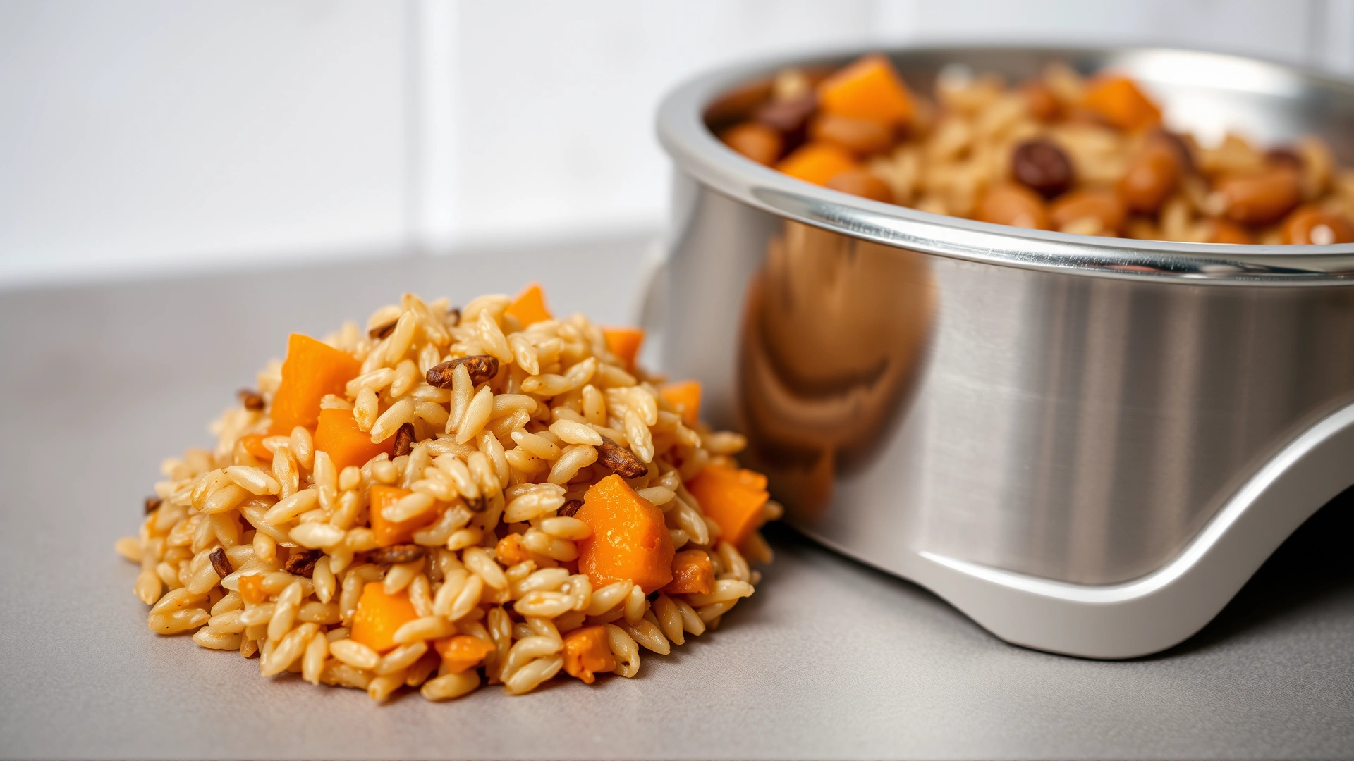 Image of a small portion of cooked brown rice and pumpkin next to a cat food bowl, representing moderate, digestible carbohydrates.