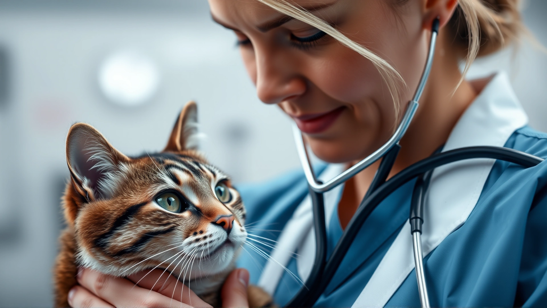 Close-up of a veterinarian gently holding a stethoscope to a cat's chest, clinic background slightly blurred