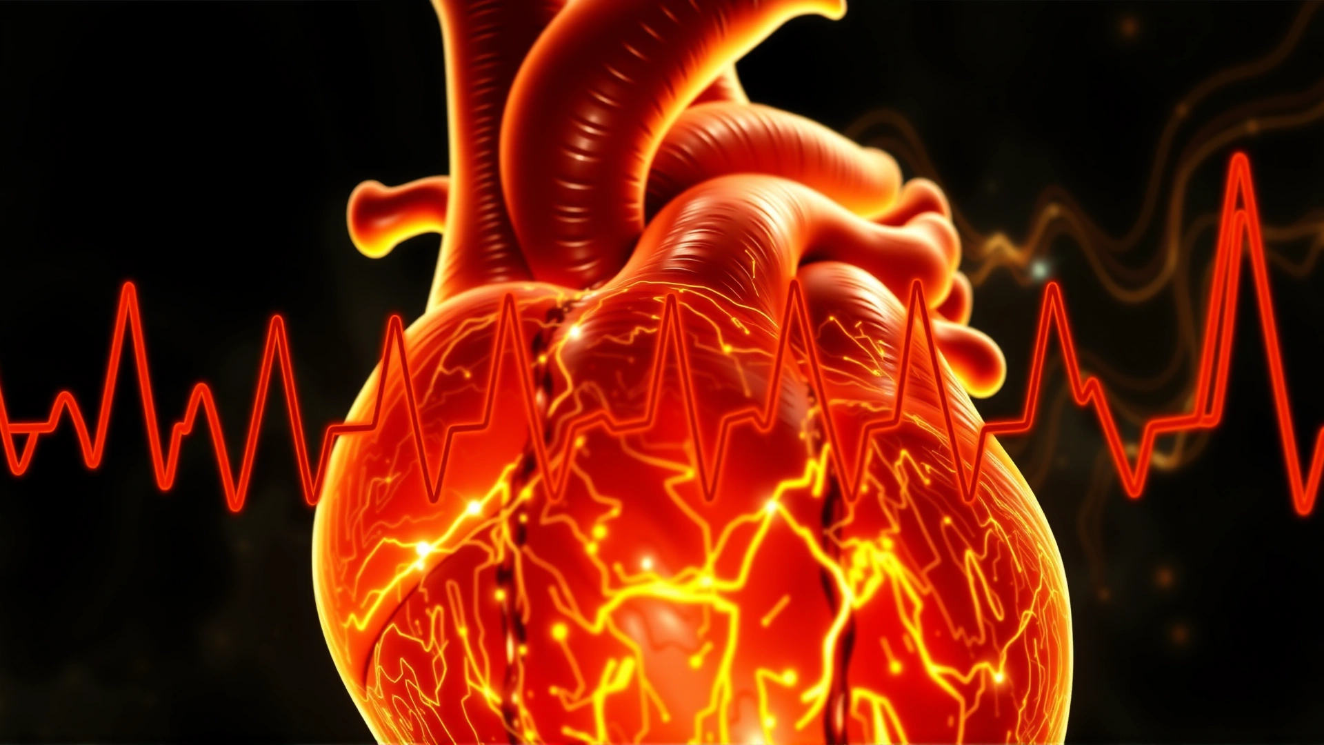 Digital illustration of a cat heart highlighting chaotic ventricular fibrillation pattern (no text)