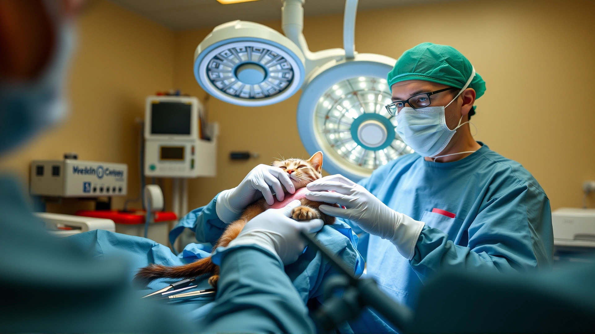 Operating room scene where a veterinary surgeon performs open-heart surgery on a cat, sterile environment, surgical instruments visible