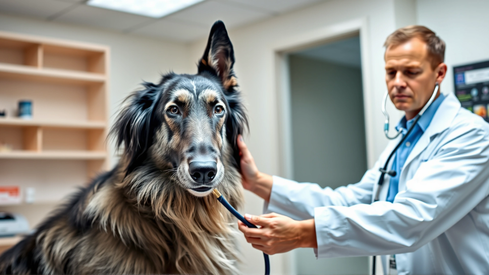 Veterinarian using a stethoscope to listen to the chest of an Irish Wolfhound in a bright clinical room, no text.