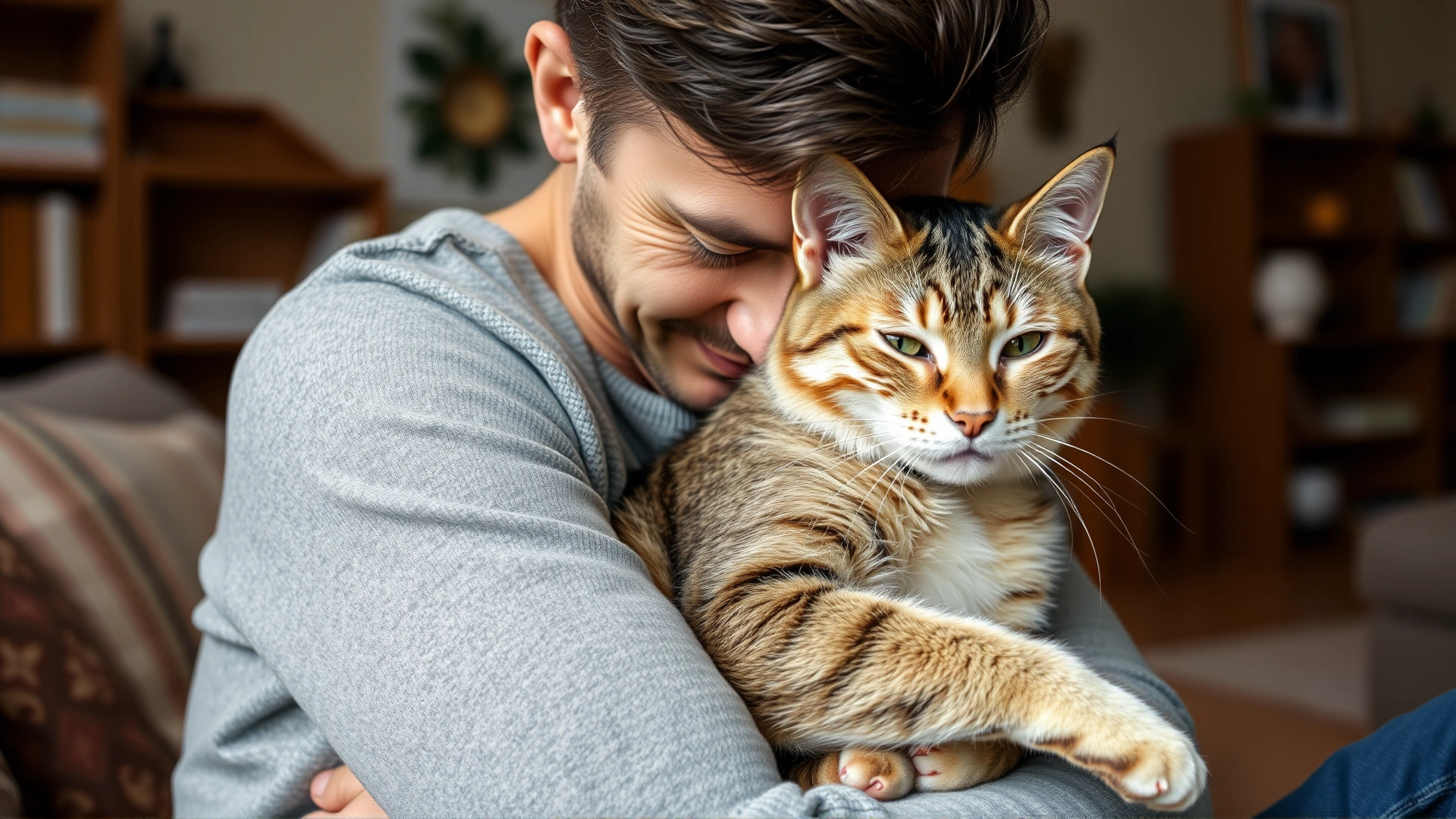 Owner cuddling and comforting an FeLV-positive cat in a cozy living room environment