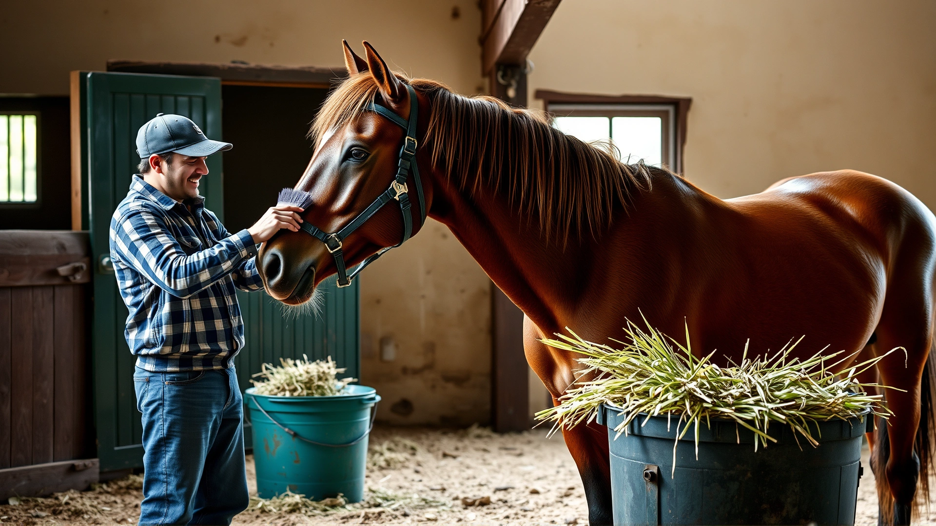 Stable scene of a groom brushing a Dongola horse while another bucket of fresh hay is visible, soft natural lighting, friendly atmosphere