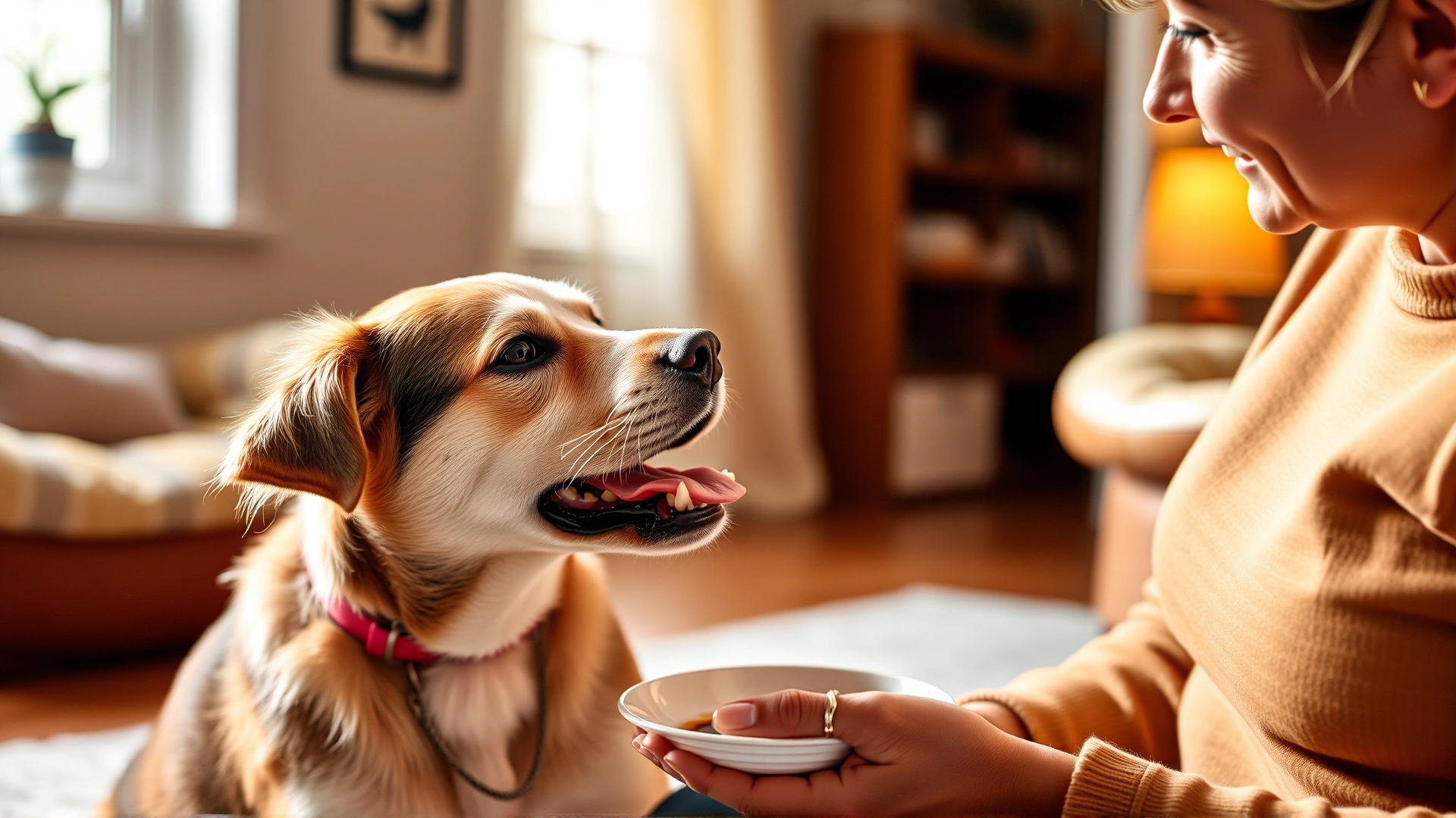 Owner gently feeding a recovering dog small portions of food at home, warm indoor lighting and a comfortable pet bed in the background.
