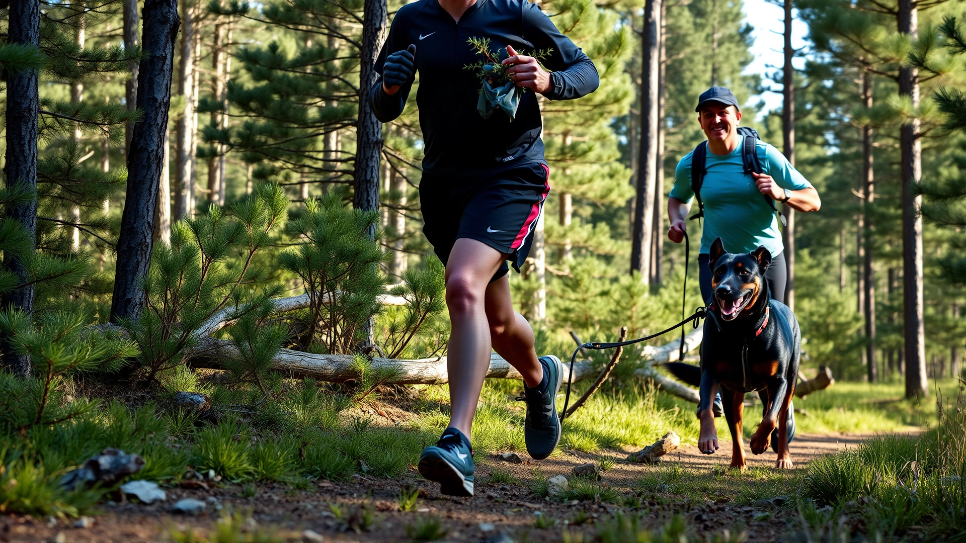 Athletic owner trail-running through a pine forest with an Entlebucher Mountain Dog on a leash beside them, mid-stride.