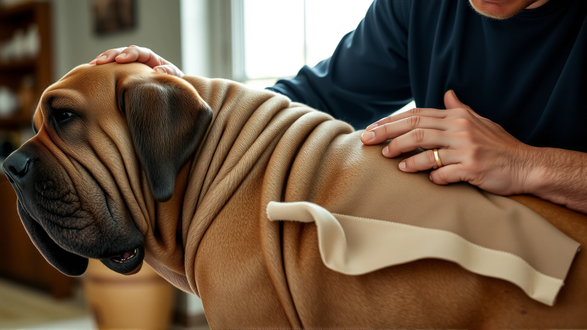 Owner gently wiping the skin folds of a Neapolitan Mastiff with a soft cloth, indoor setting with natural light.