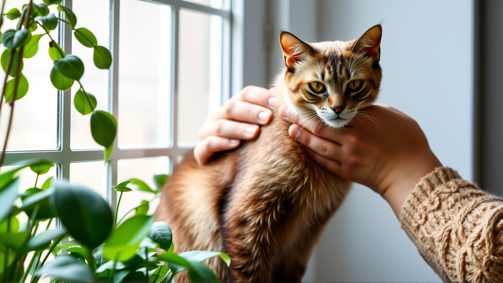 Owner gently brushing a Burmese cat’s short coat near a window filled with green plants