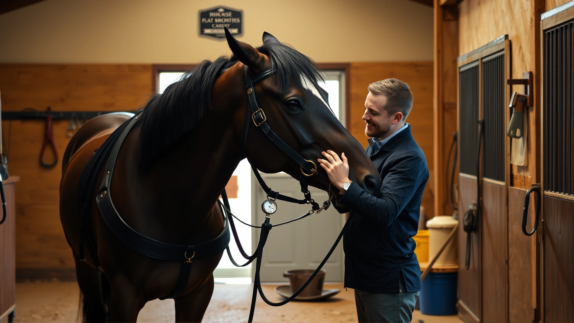 Groom gently brushing a Dutch Harness Horse inside a clean stable, with grooming tools visible in the background.
