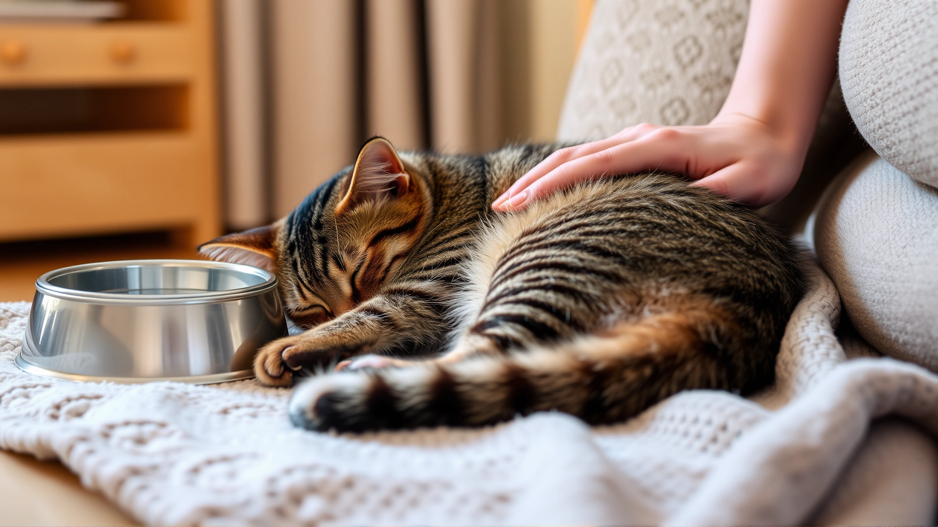 Cozy home scene with a recovered tabby cat curled up on a soft blanket beside a water bowl and a caring owner’s hand gently petting it.