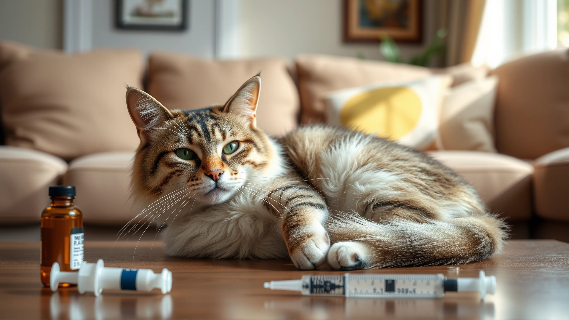 Domestic cat resting comfortably in a cozy living room; a small medicine bottle and syringe nearby on a table, soft natural light.