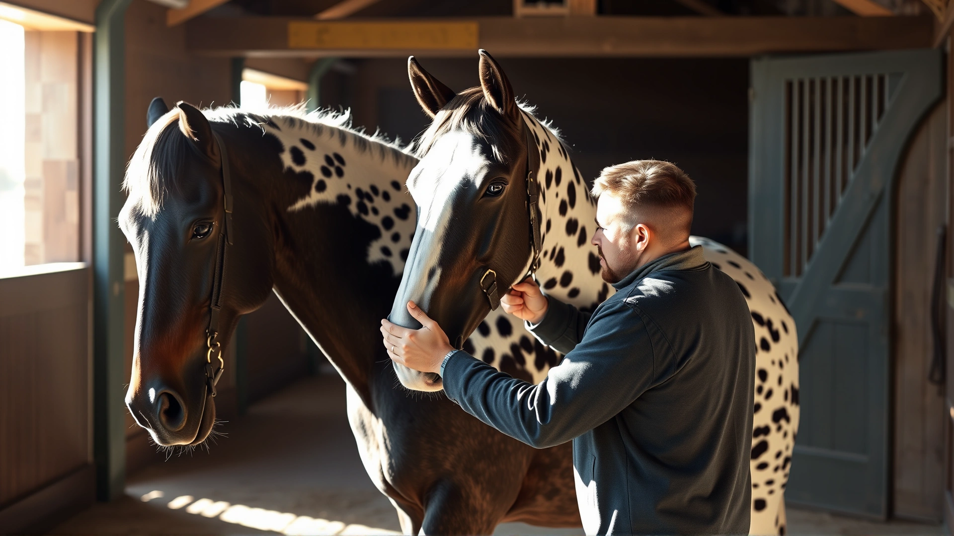 Stable scene where a groom is brushing the spotted coat of a Knabstrupper gelding, sunlight filtering through barn doors