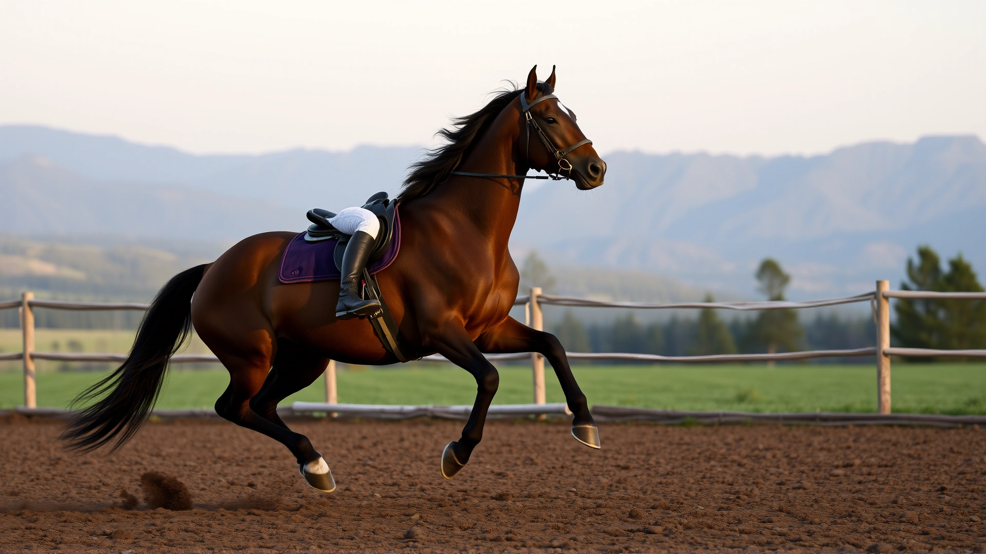 Rider lunging a Gelderland horse in a round pen with soft footing, mountains in distant background, early evening light.
