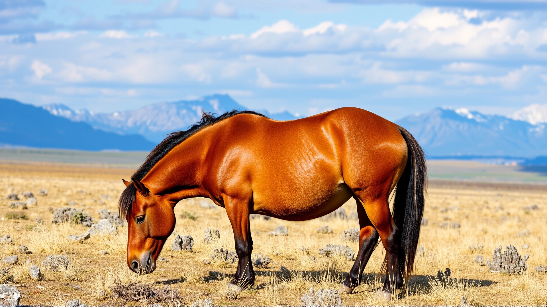 An American Indian Horse grazing on sparse prairie grass with distant mountains, illustrating the breed's hardiness and low-maintenance diet.