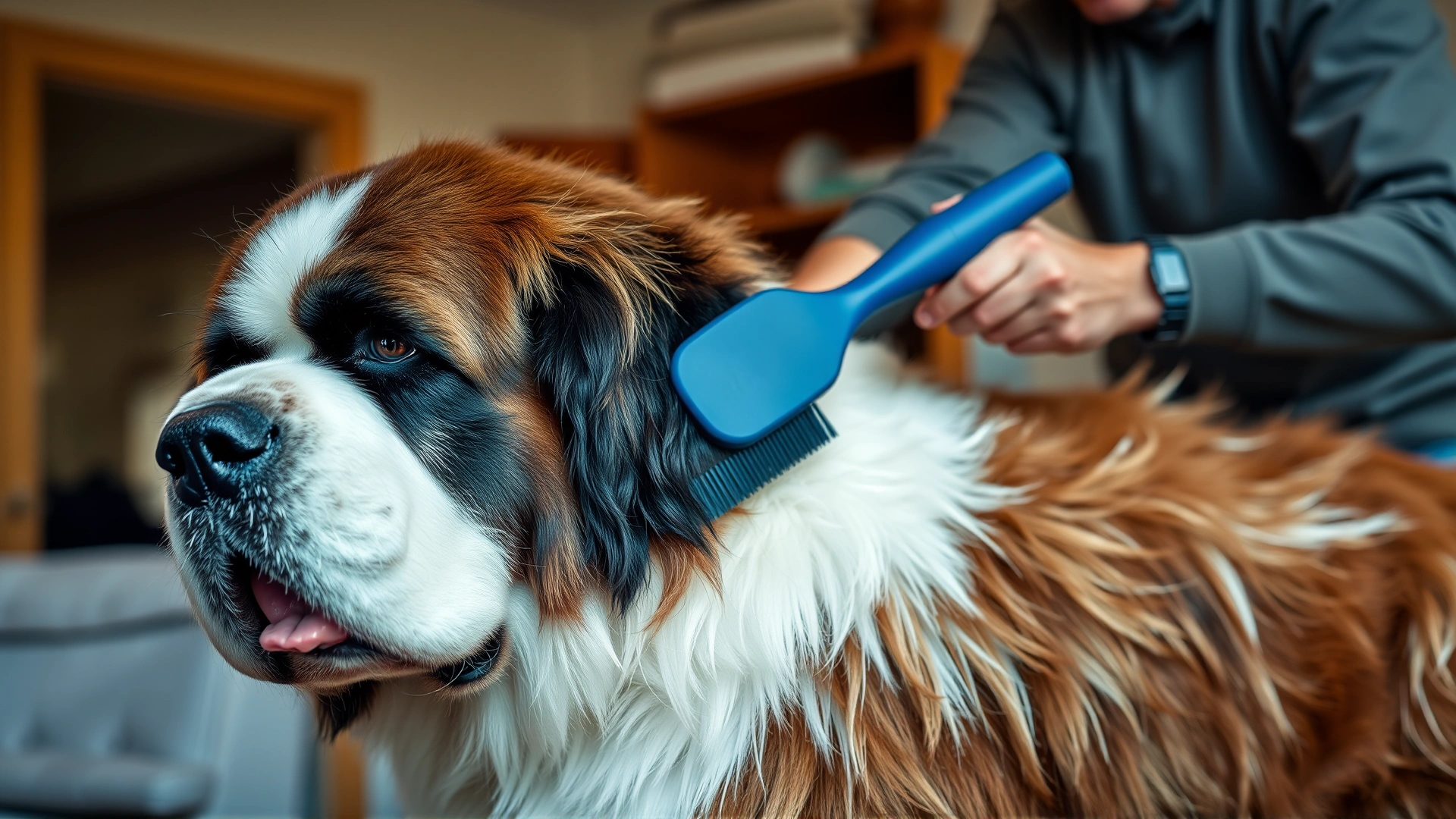 Owner brushing the thick coat of a Saint Bernard indoors, highlighting grooming and fur care.