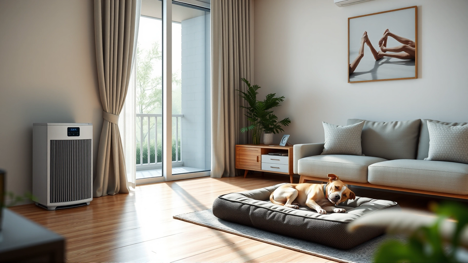 Modern living room featuring an air purifier with HEPA filter in the corner while a small dog sleeps peacefully on a pet bed.