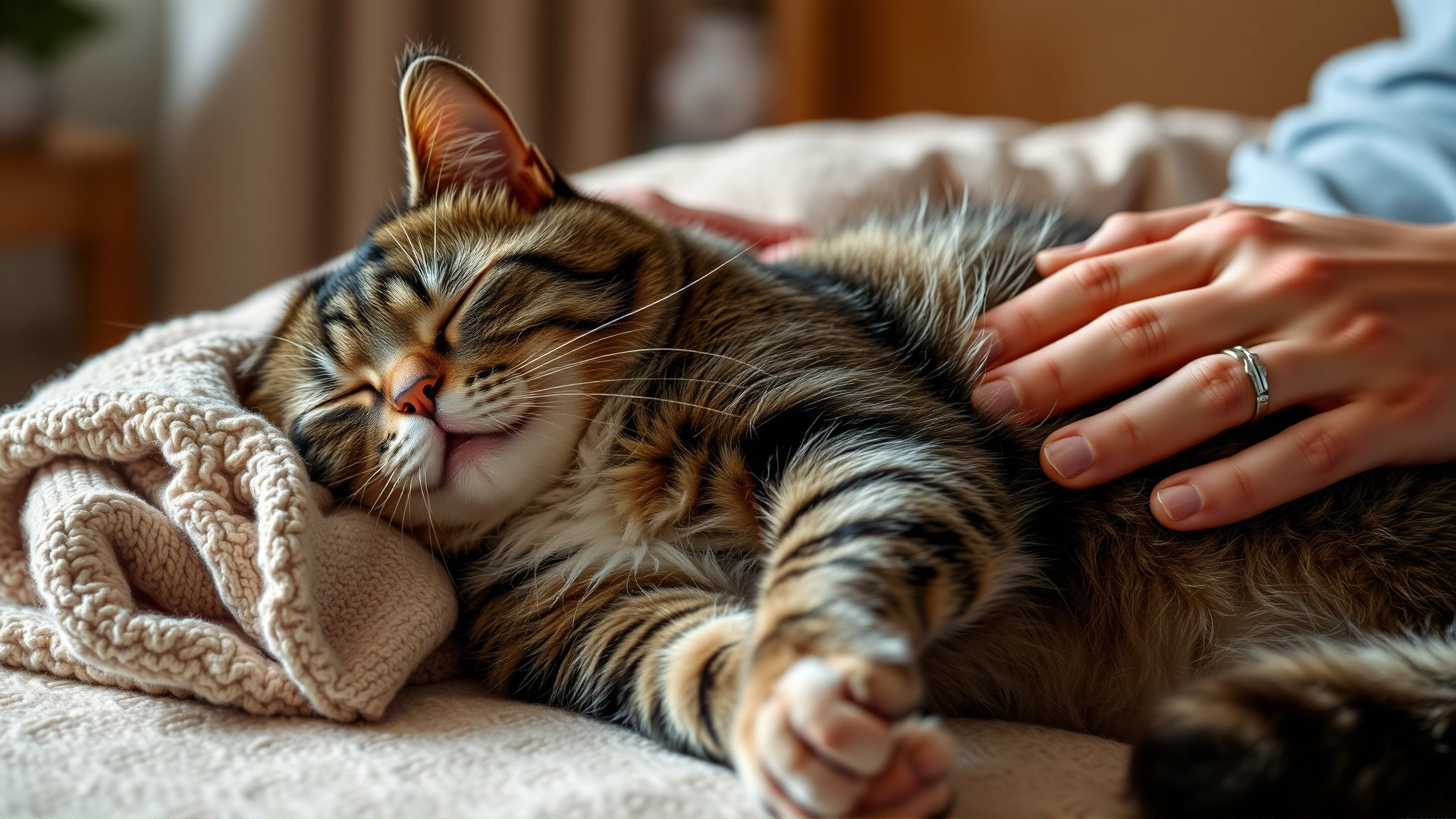 Senior cat recovering at home, lying on a soft blanket as an owner gently pets it, warm indoor lighting