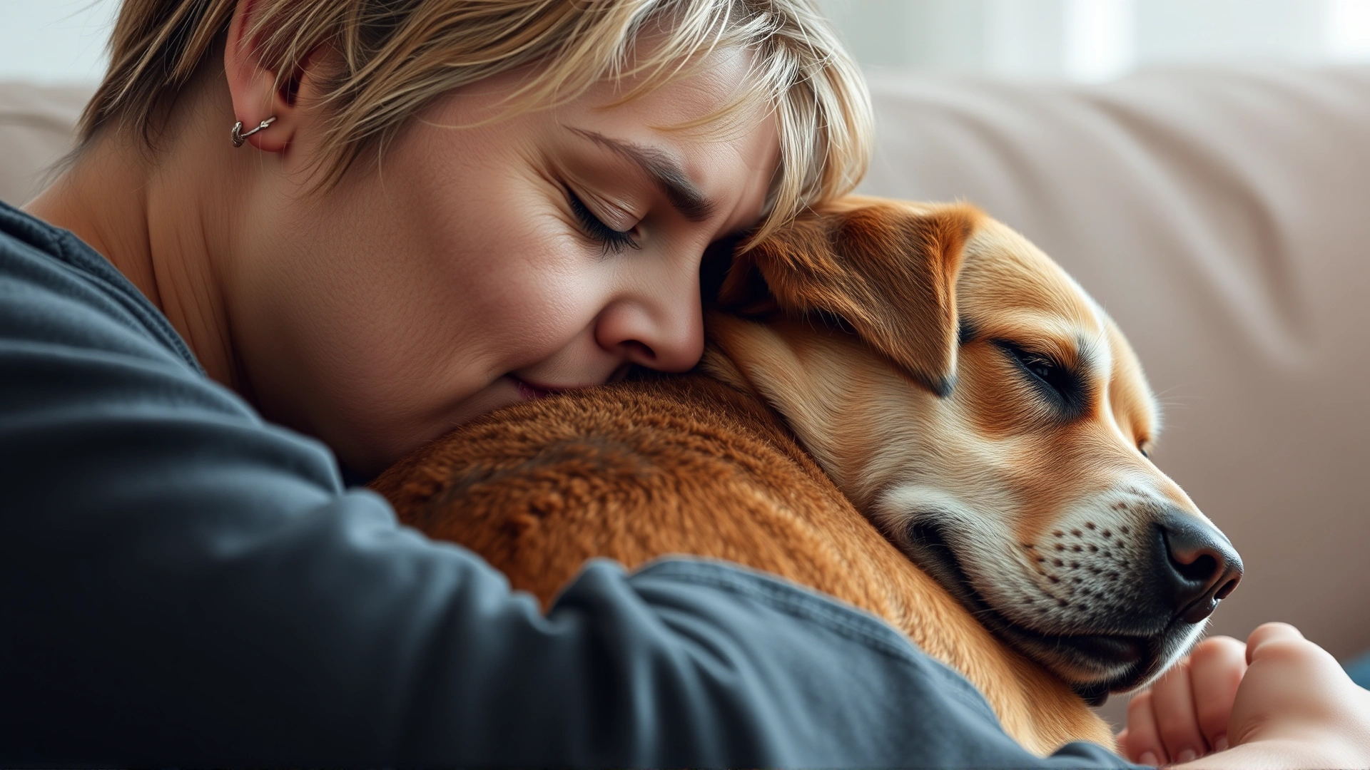 Close-up of a tired pet parent resting their head on their dog's back while sitting on a couch, expressing exhaustion and love.