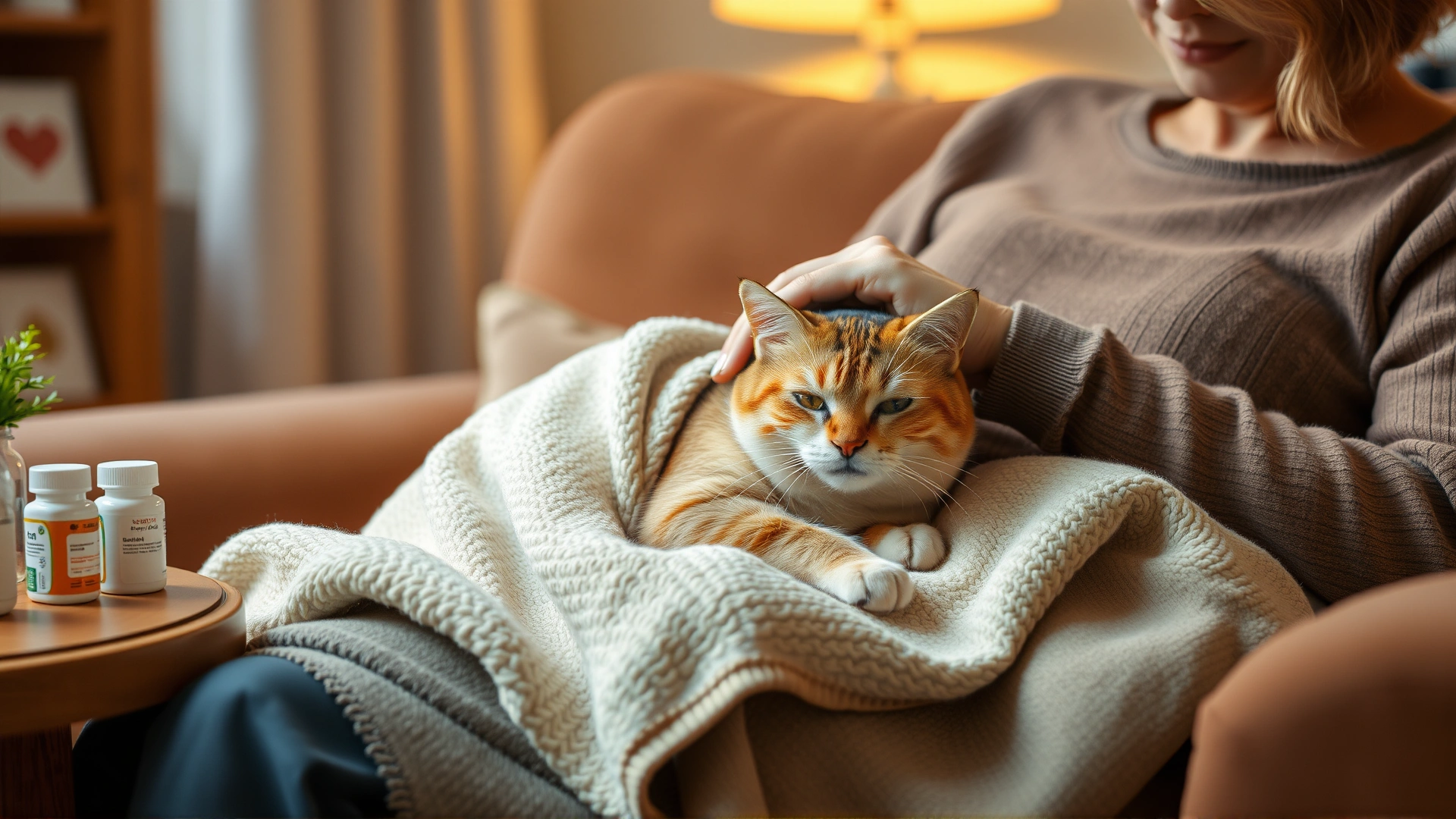 Cat owner sitting on a couch gently stroking a sick cat wrapped in a soft blanket, with medication bottles on a side table, warm home lighting.