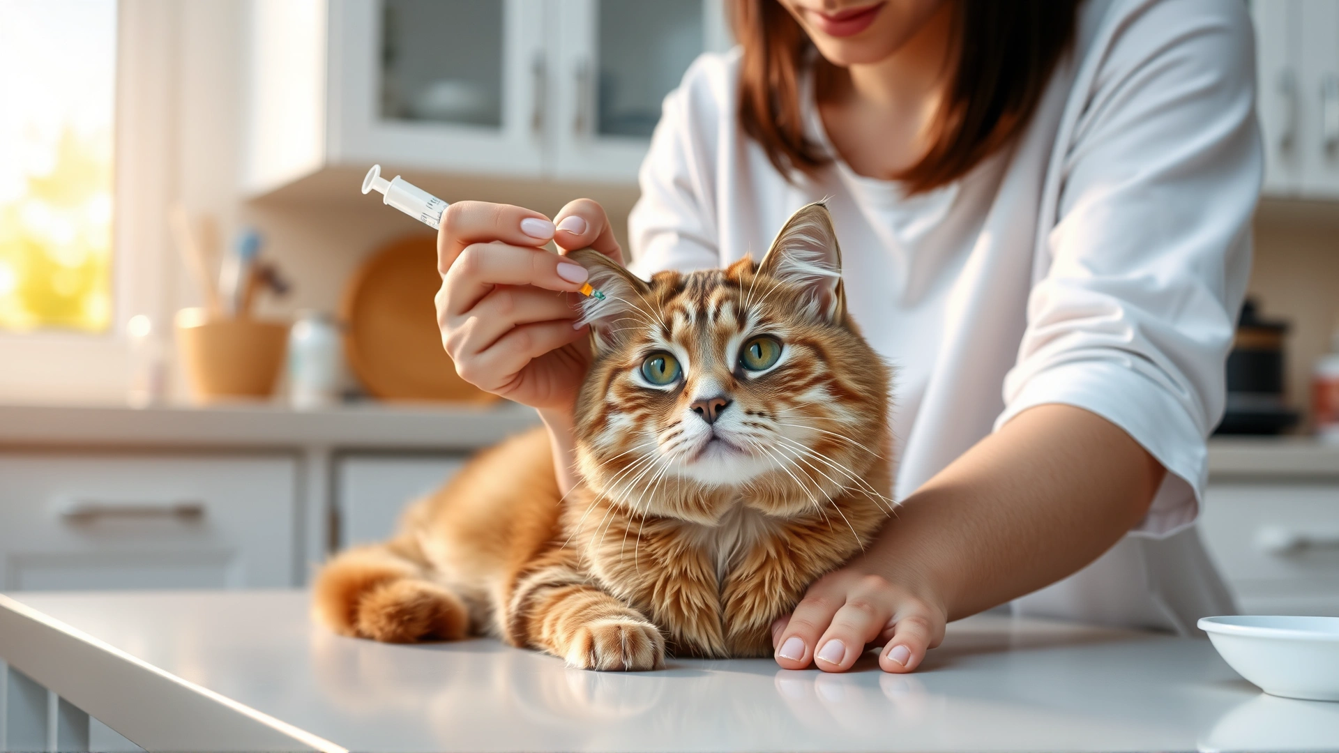 Young woman gently giving liquid medicine to a calm cat using syringe, bright kitchen environment