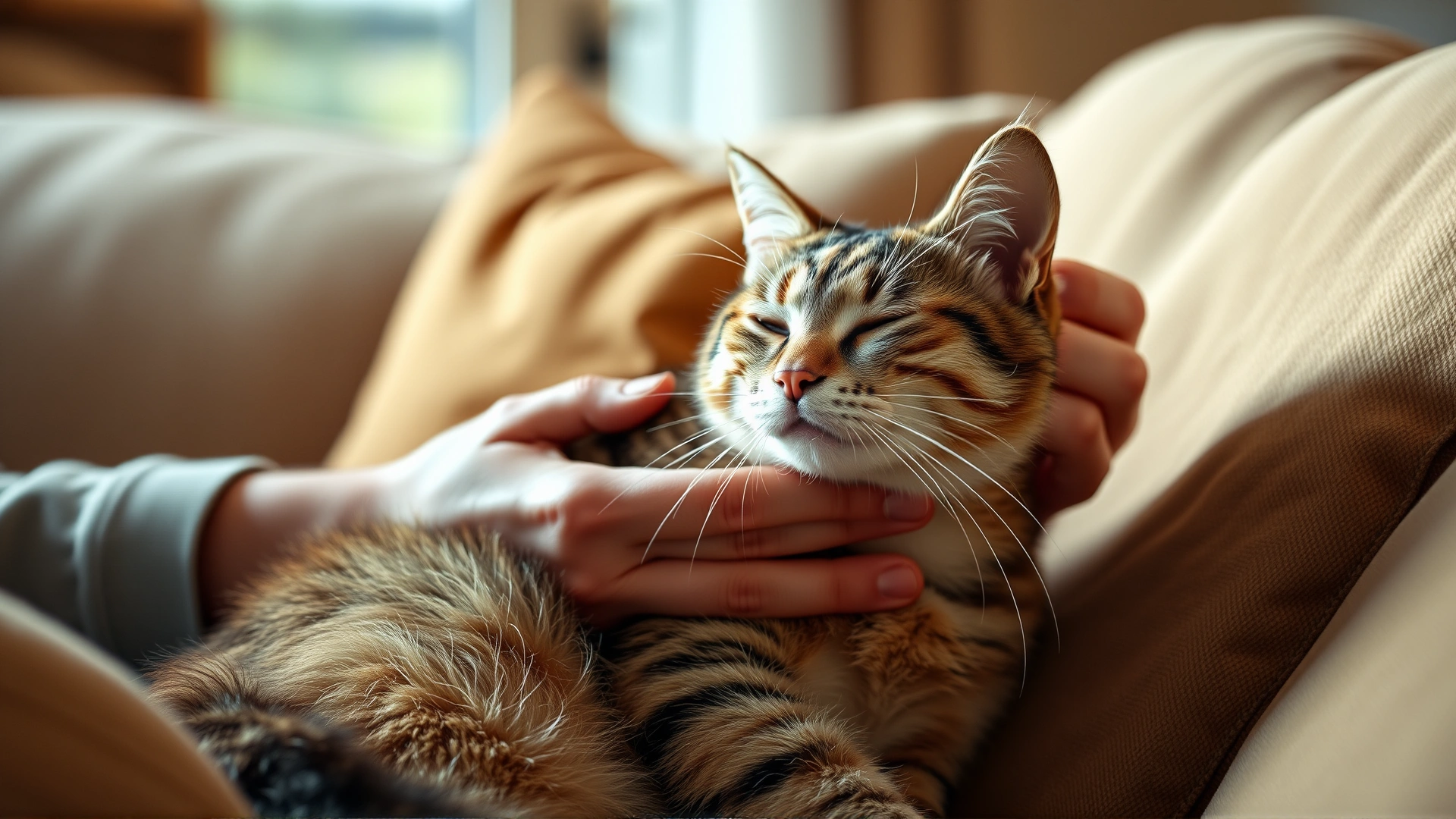 Cat owner gently holding and comforting a blind cat on a cozy sofa, warm indoor lighting