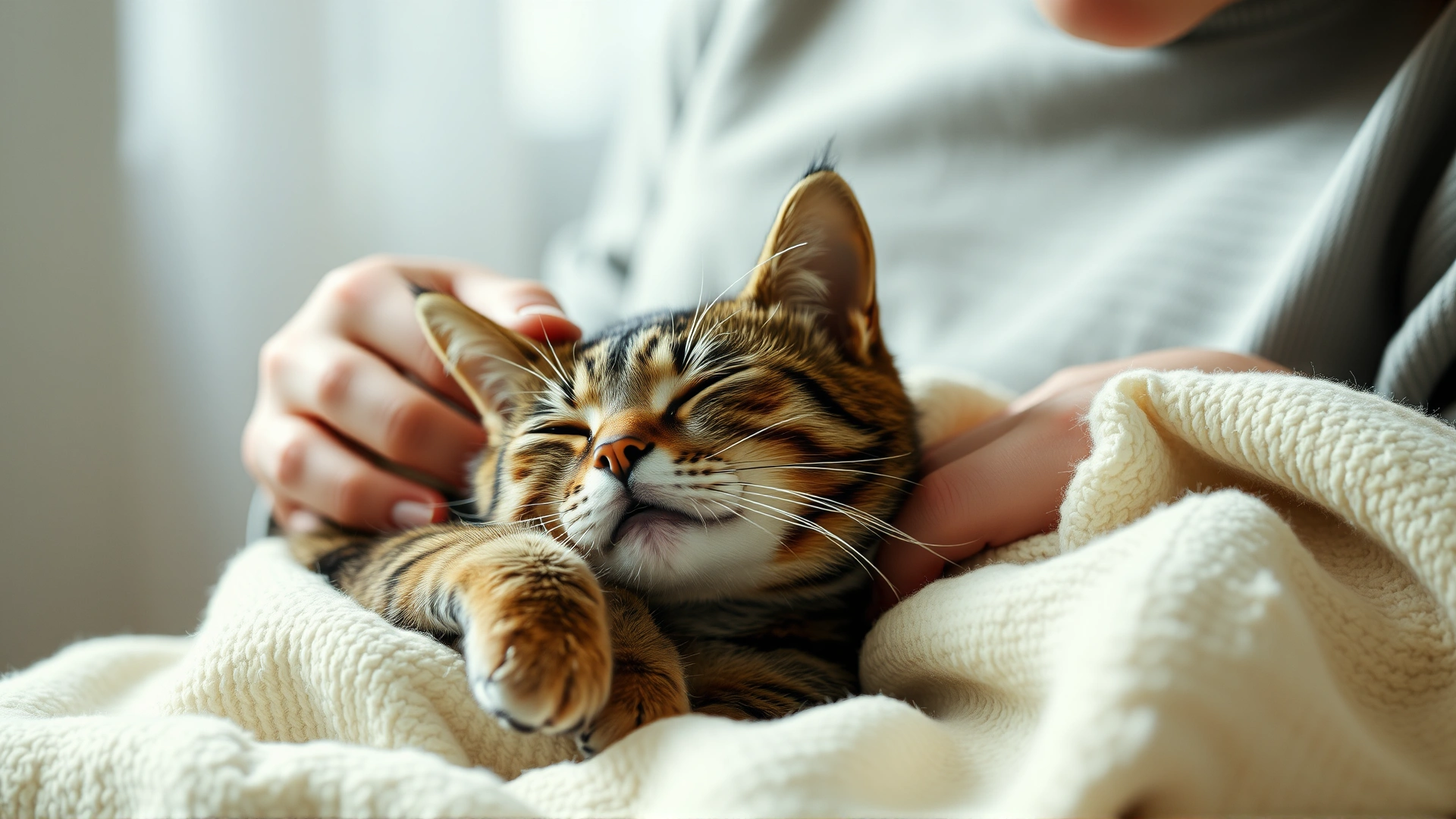 Soft-lit indoor photo of a person cuddling a relaxed tabby cat wrapped in a cozy blanket, conveying post-medication care