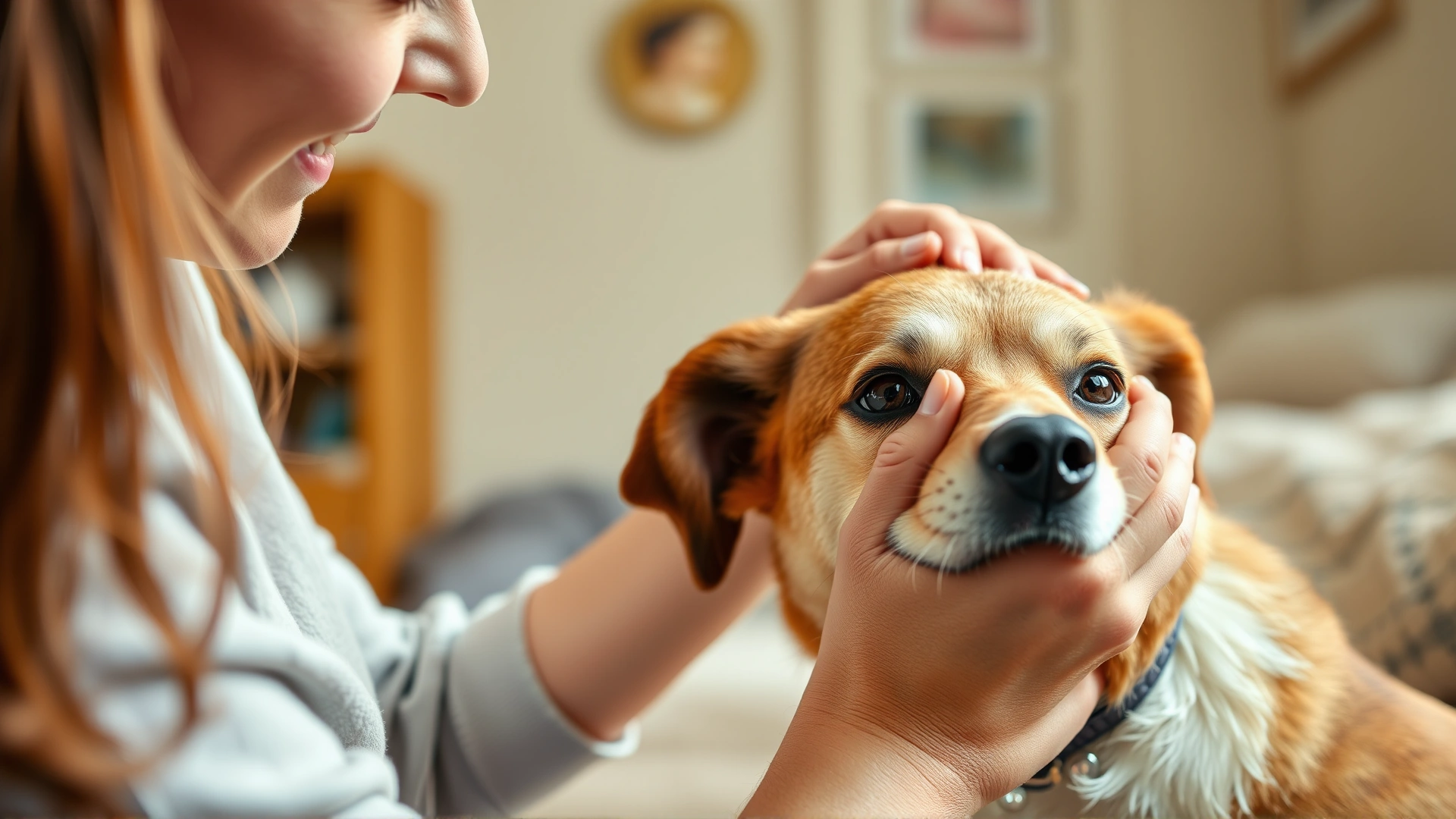 Warm photo of a dog owner gently cleaning a dog's ear with a cotton pad at home, cozy indoor setting, soft natural light.