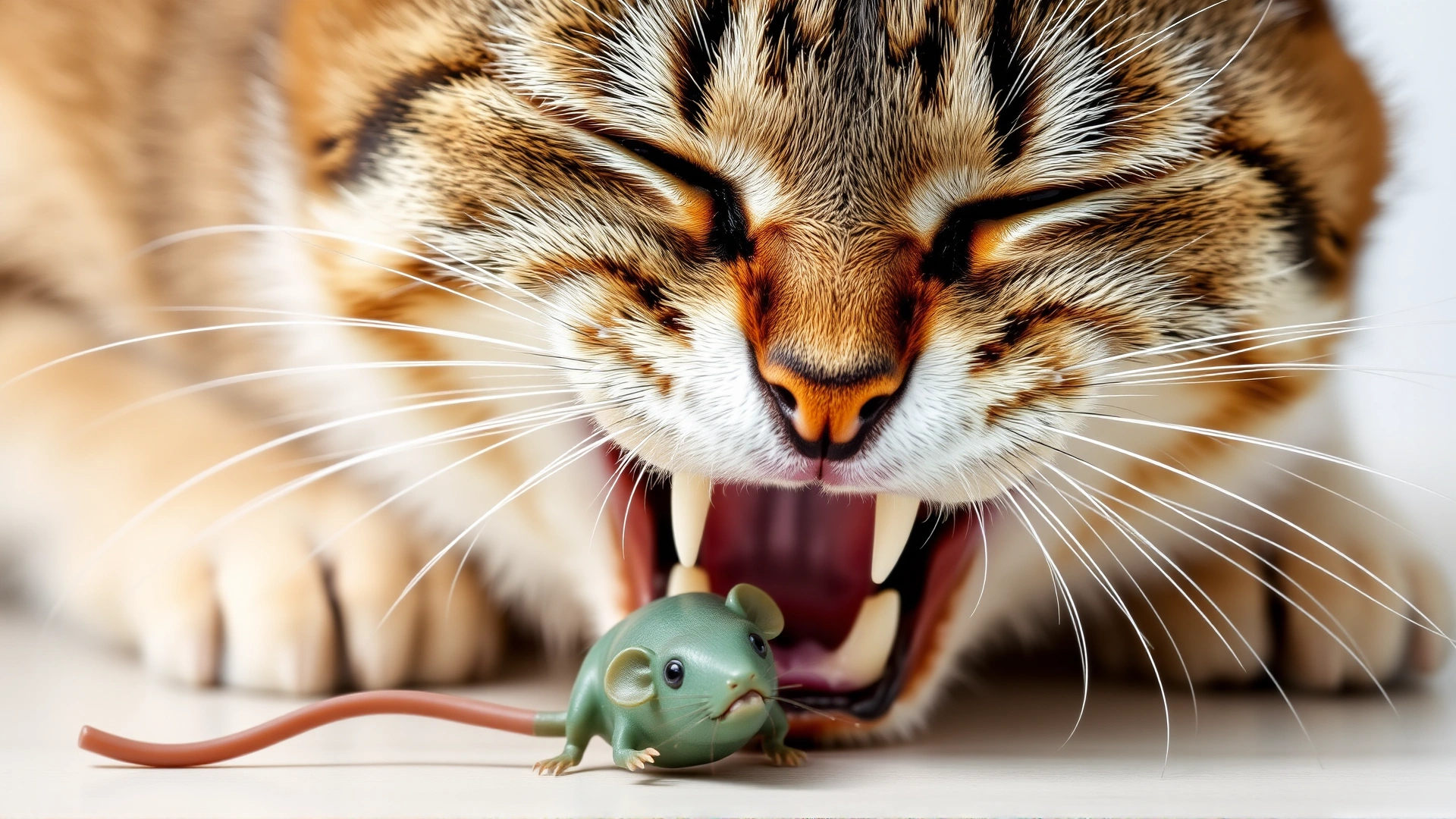 Adult cat biting down on rubber toy mouse, showing canines and carnassial teeth, action shot