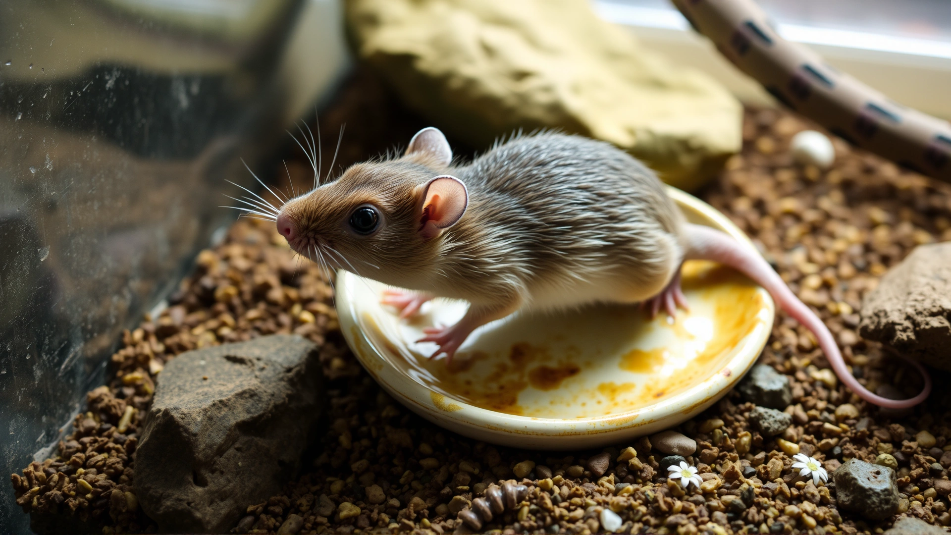 Frozen-thawed mouse on a small ceramic dish placed inside a reptile terrarium with natural substrate.
