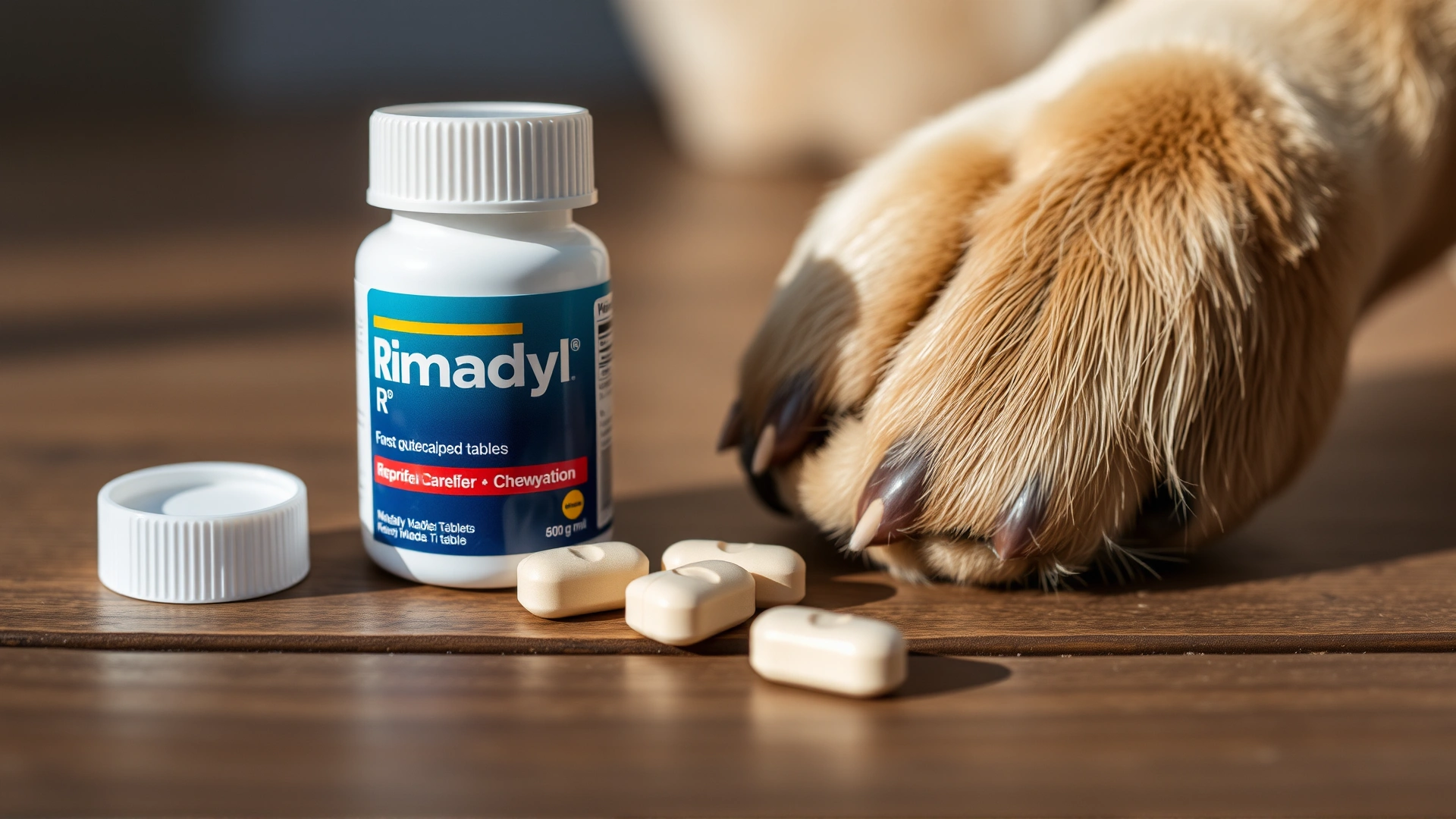 Close-up photo of a Rimadyl (carprofen) bottle and a few chewable tablets next to a dog paw on a wooden surface, natural light