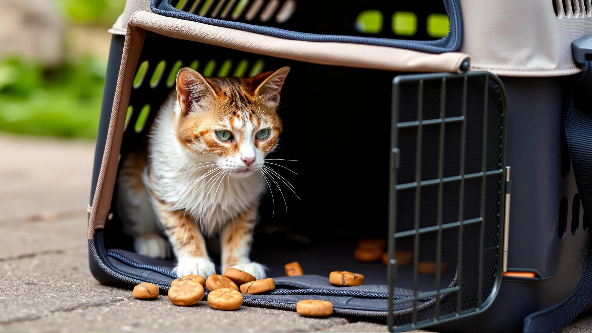 Cat calmly entering a soft-sided pet carrier with treats nearby, demonstrating positive carrier training