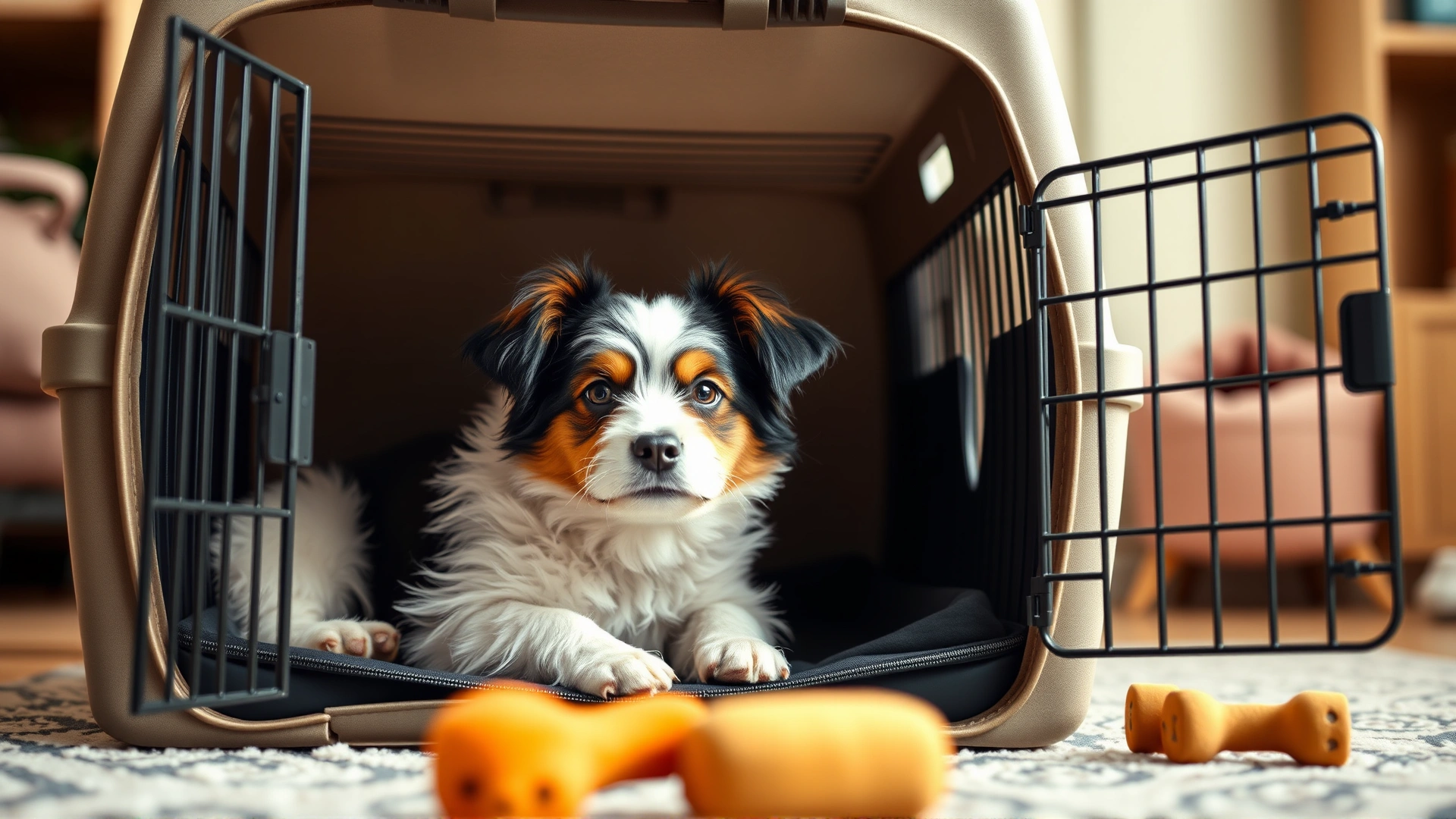 A small dog calmly resting inside an open travel crate at home with toys around, warm indoor lighting