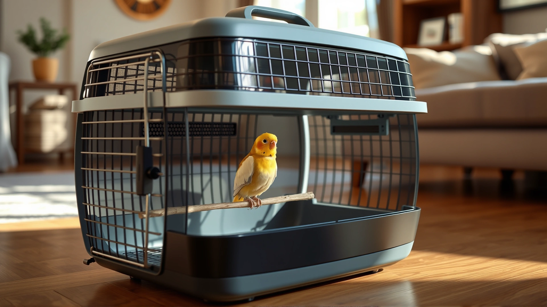 Modern, well-ventilated bird travel carrier with a secure perch inside, placed on a living room floor with soft natural light.