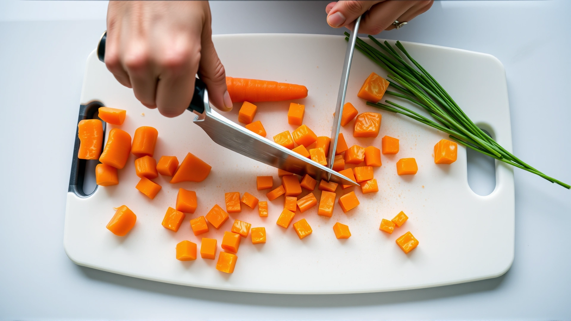 Human hands chopping boiled carrots into tiny cubes on a clean cutting board, pet food preparation scene, overhead angle.