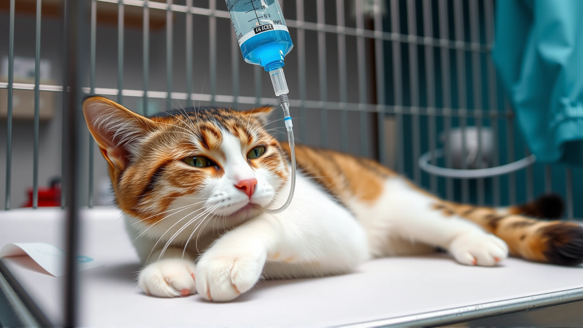 Cat receiving intravenous fluids via catheter while resting calmly in a veterinary hospital cage, caring atmosphere, no text